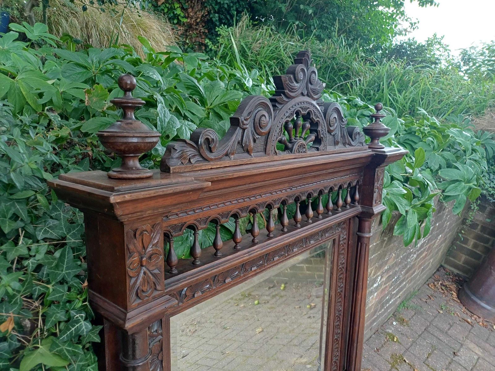 Massive Antique Victorian Carved Oak Over Mantel Mirror Large Ornate Gothic Revival Hall Mirror C1880s Statement Mirror photo for sale