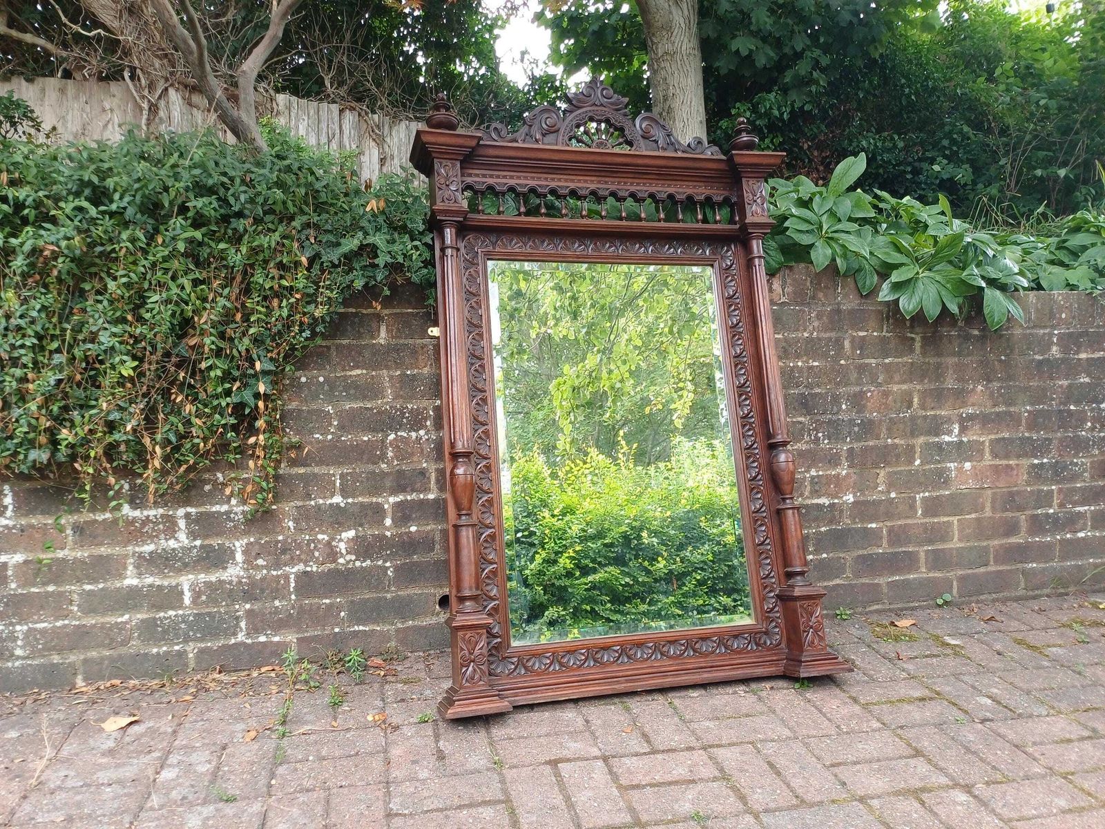 Massive Antique Victorian Carved Oak Over Mantel Mirror Large Ornate Gothic Revival Hall Mirror C1880s Statement Mirror photo vinterior