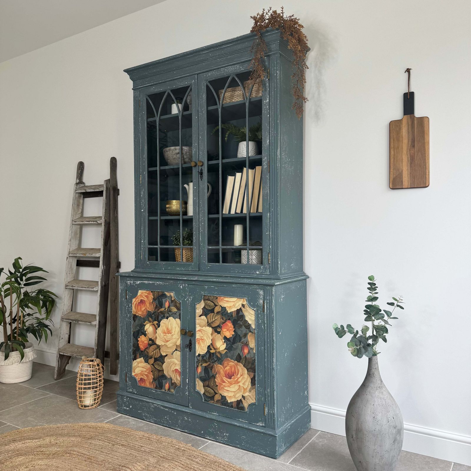 Rustic Glass Display Cabinet Painted Blue And Floral photo 725.0
