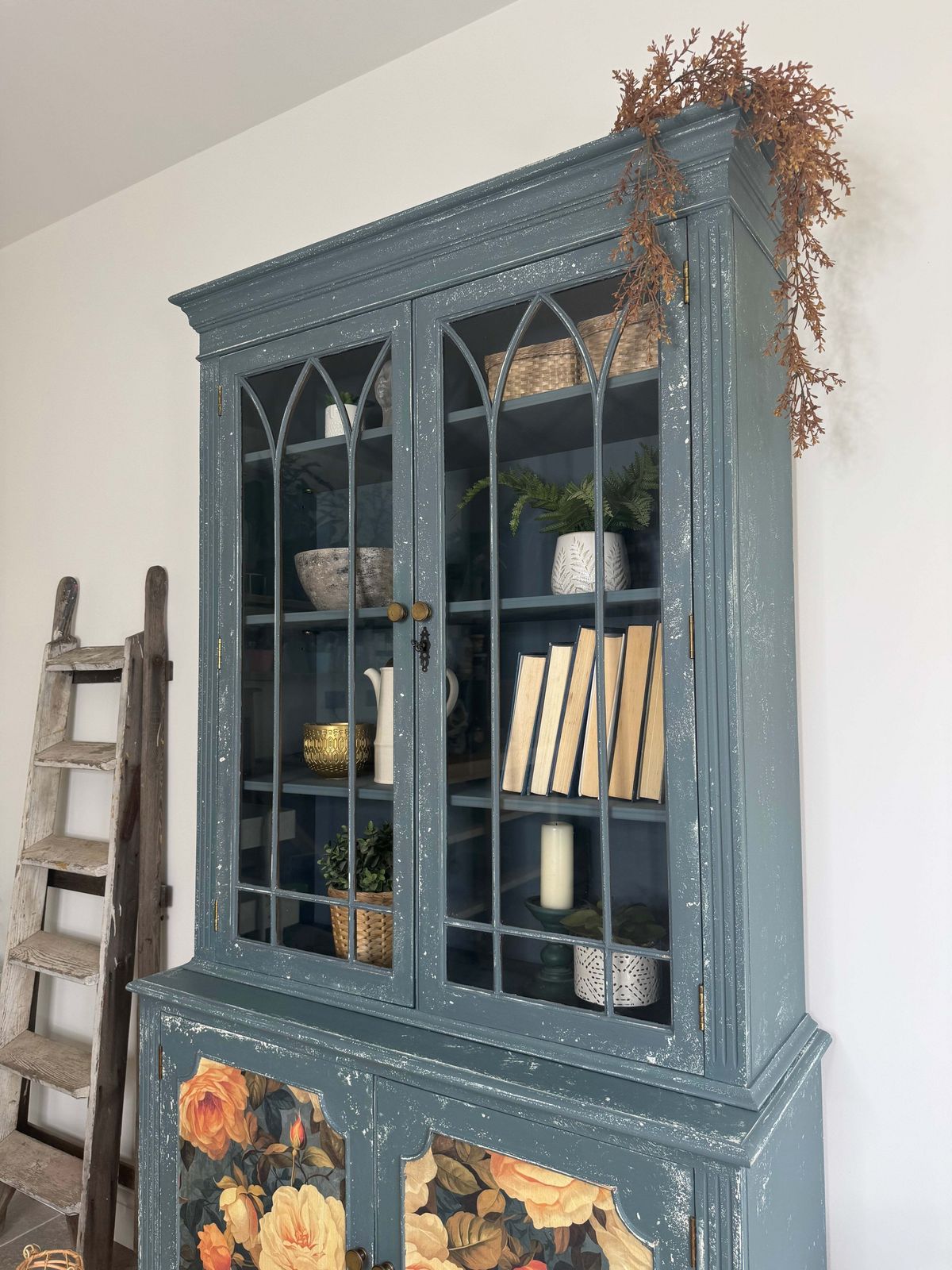 Rustic Glass Display Cabinet Painted Blue And Floral photo vintage
