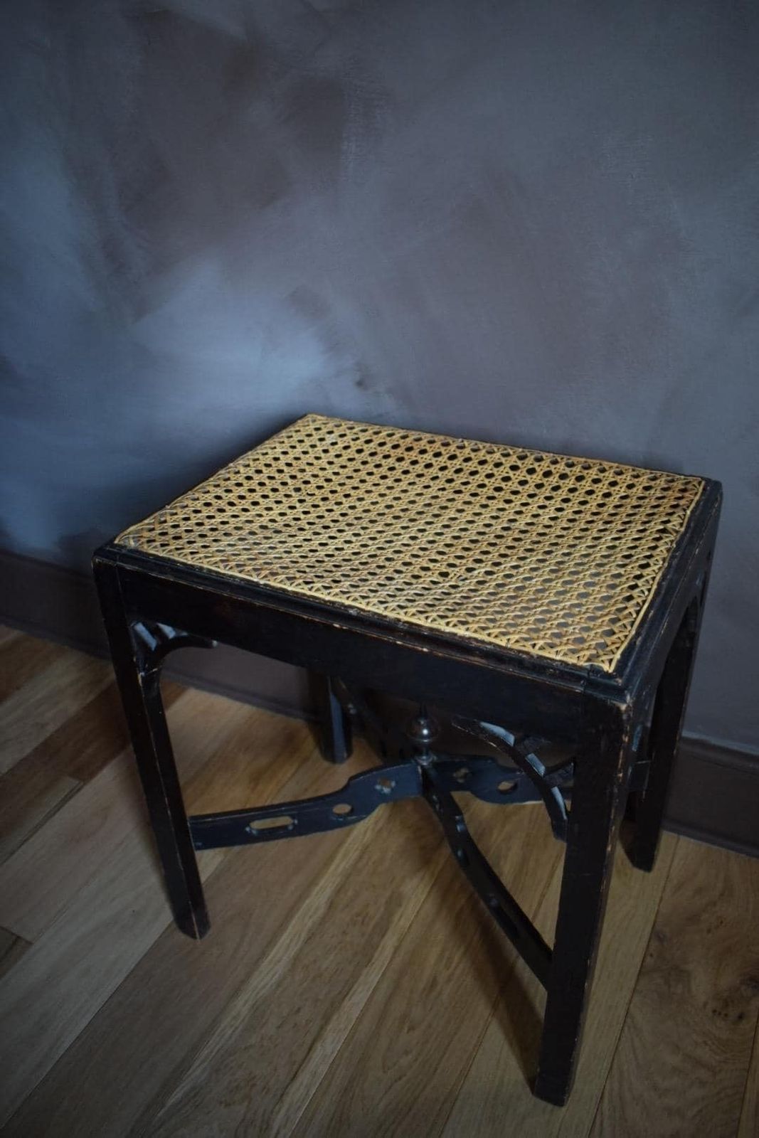1930's Chippendale Style Stool With Woven Cane Seat photo vintage
