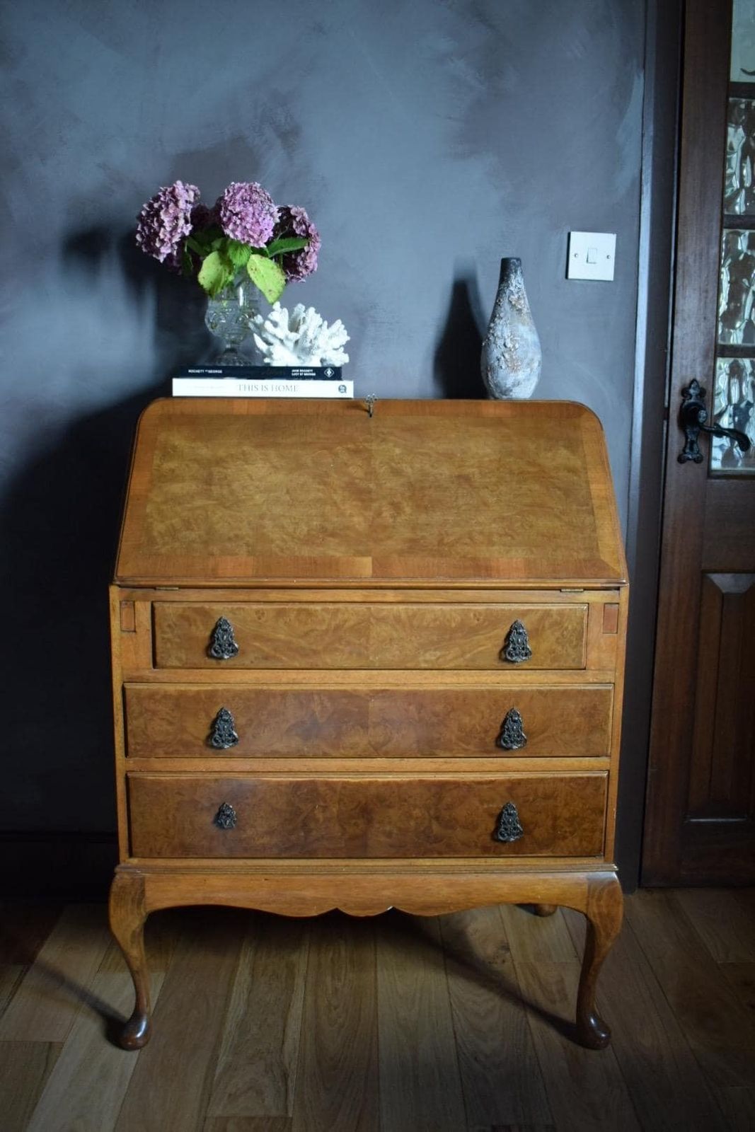 Stunning Antique Burr And Burl Wood C. 1900s Walnut Writing Bureau