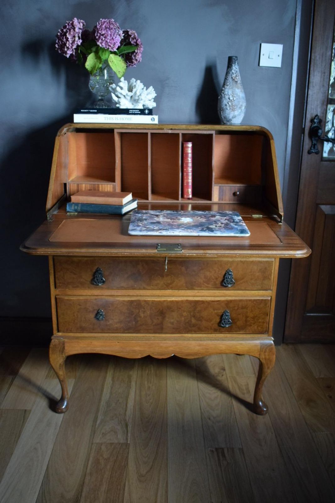Stunning Antique Burr And Burl Wood C. 1900s Walnut Writing Bureau photo for sale