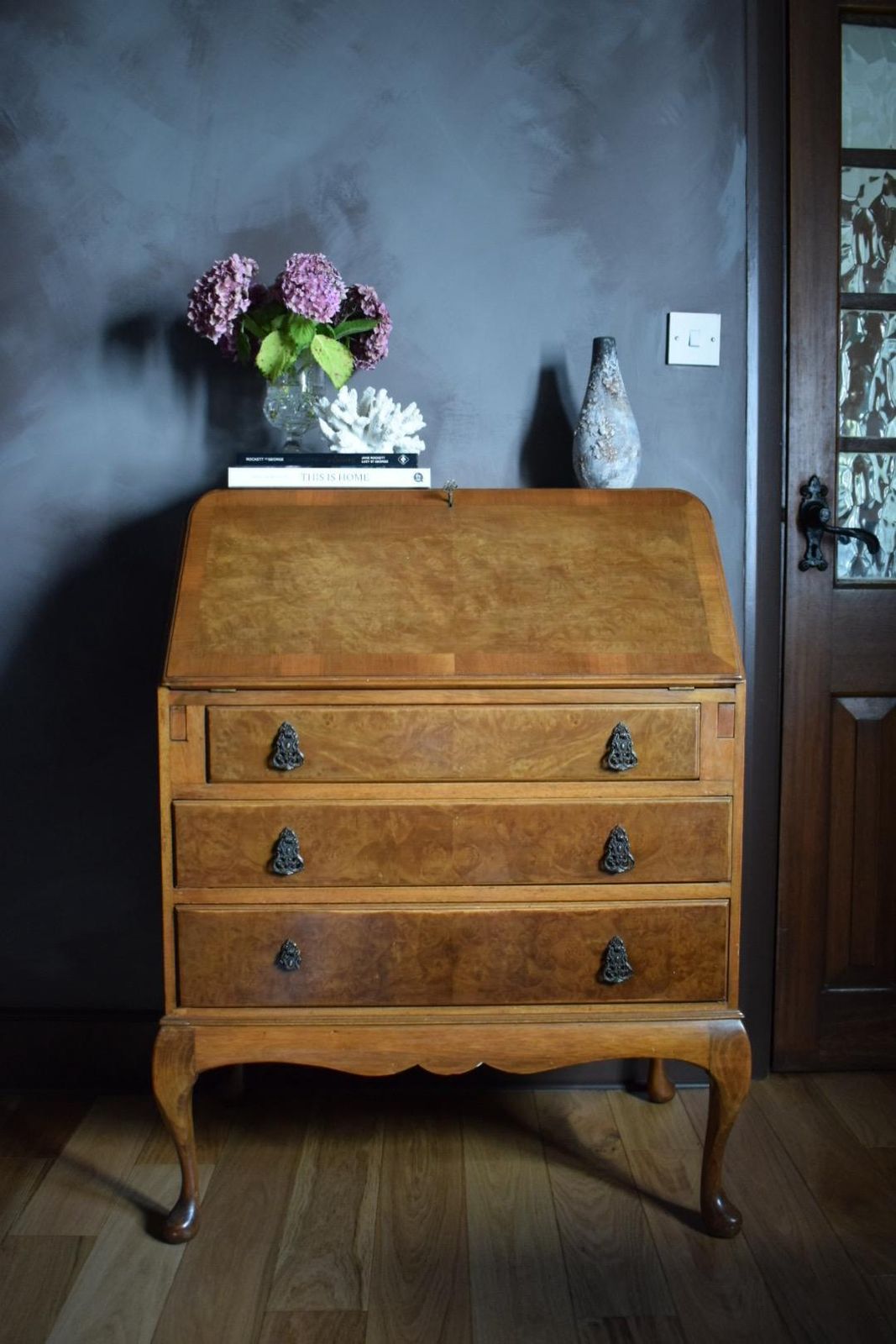 photo furniture Stunning Antique Burr And Burl Wood C. 1900s Walnut Writing Bureau