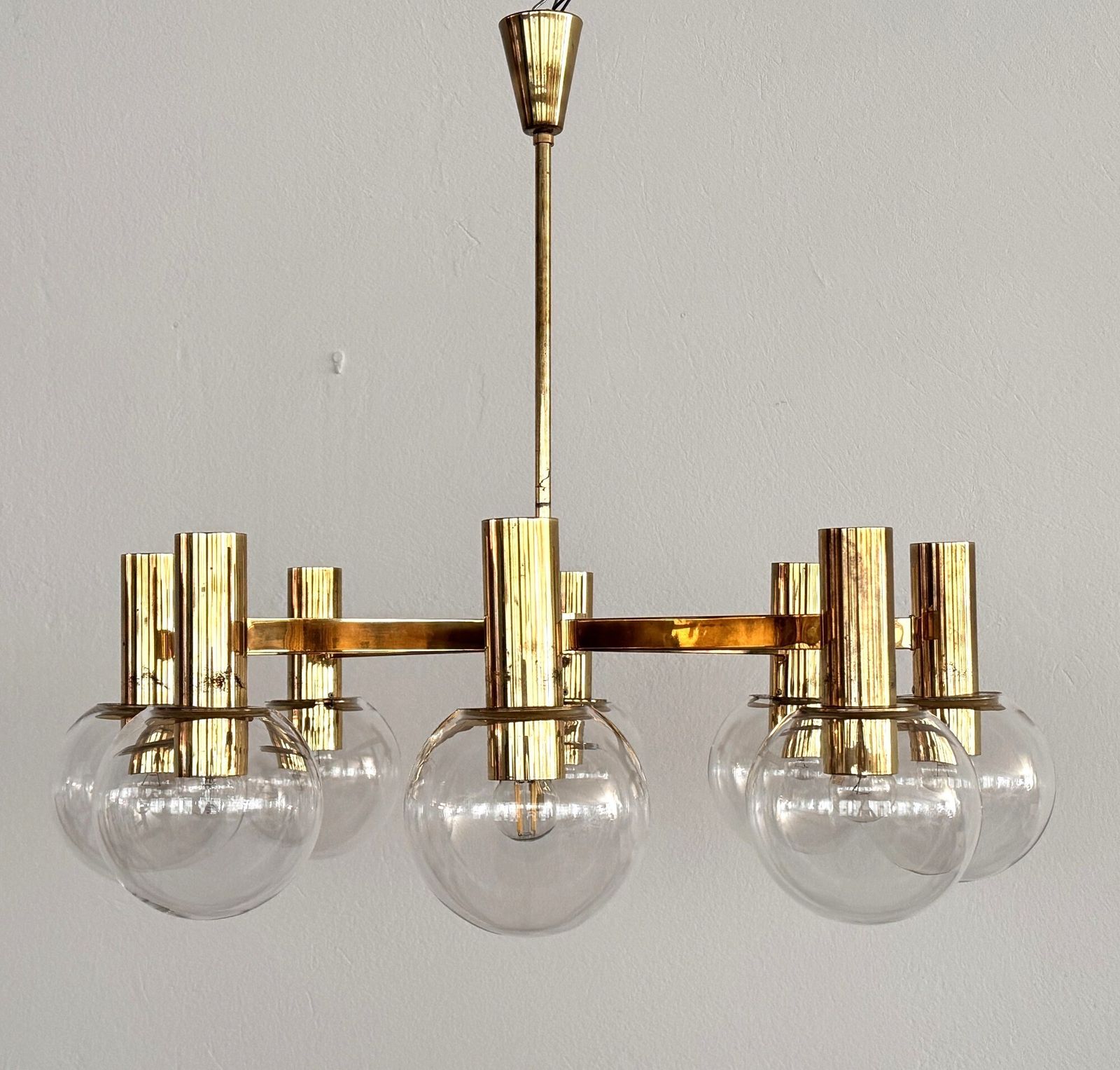 Hans Agne Jakobsson Midcentury Brass And Eight Light Glass Globes Chandelier photo Lighting