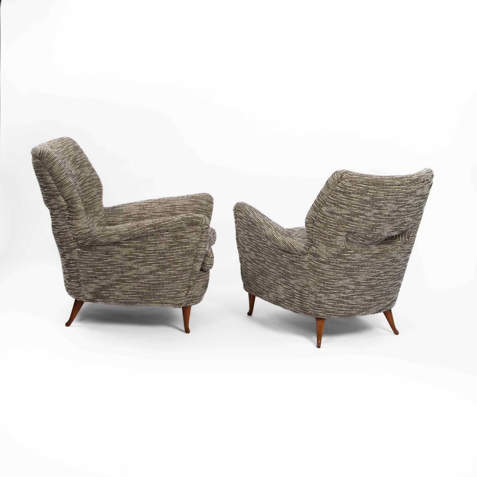 Pair Of Mid Century Italian Curved Armchairs Brown Offhwite Bouclé Fabric 1950s photo 8276.0