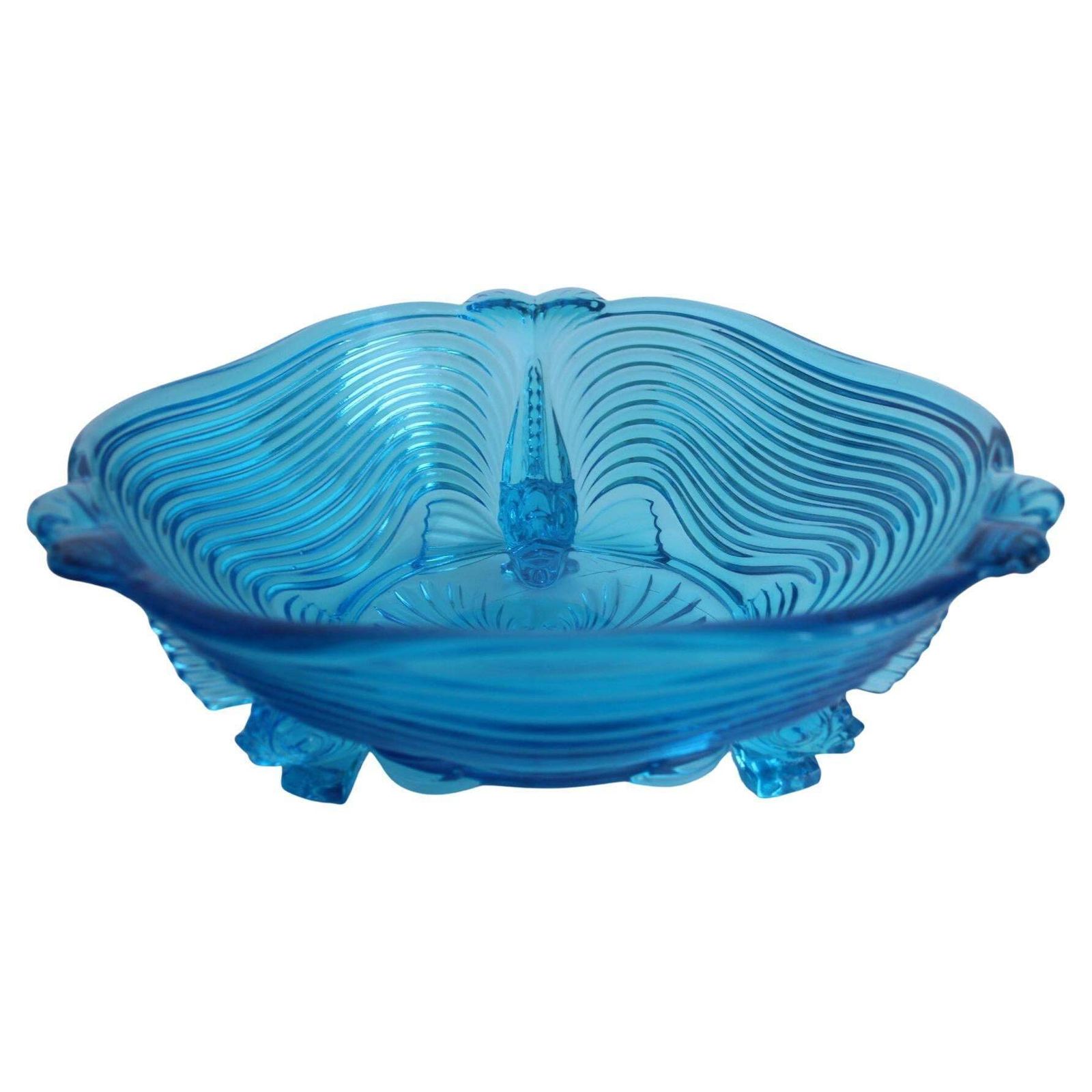 Rare Art Deco Glass Josef Inwald With Fish Feet Bowl Gorgeous Rich Blue, 1930s
