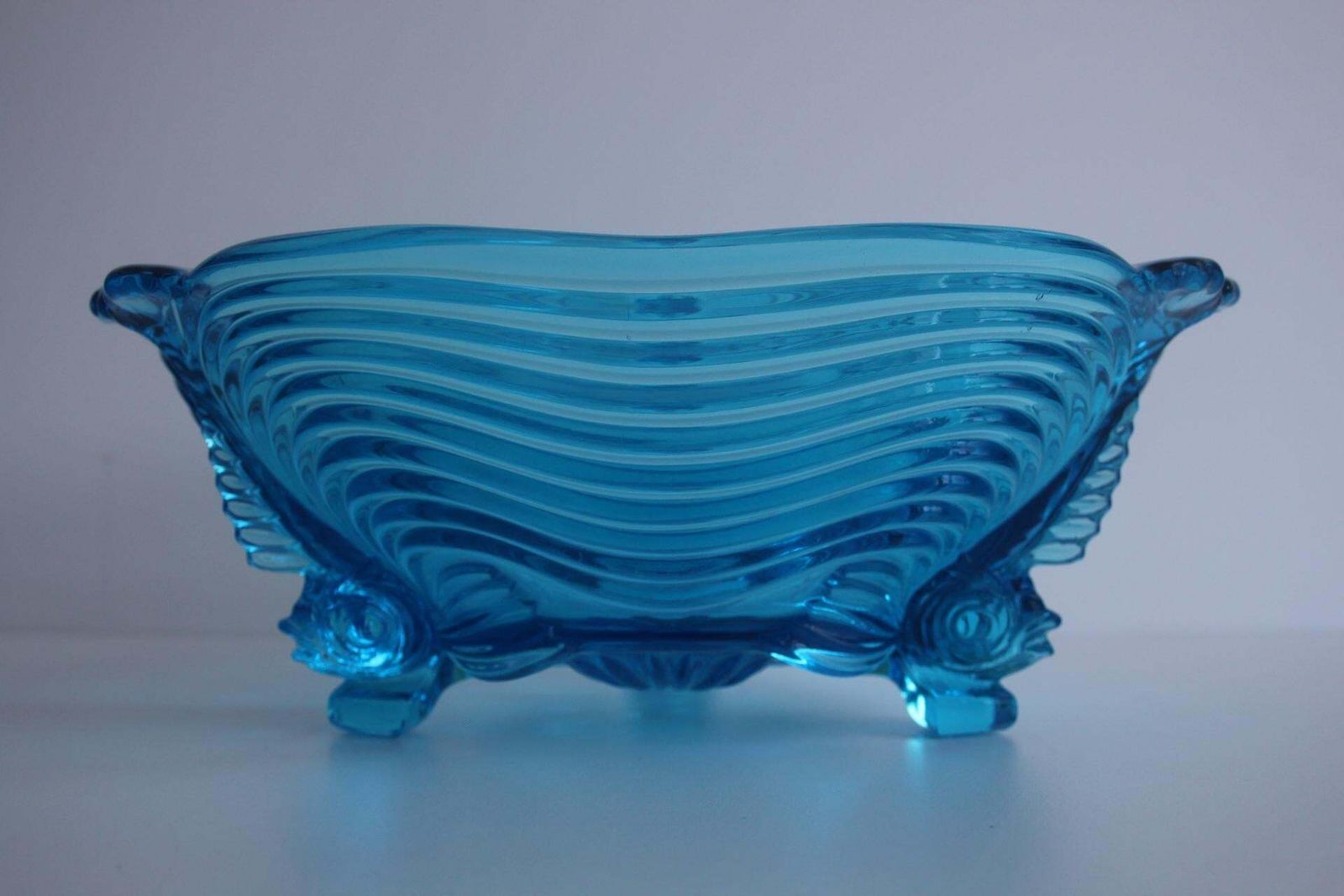 Rare Art Deco Glass Josef Inwald With Fish Feet Bowl Gorgeous Rich Blue, 1930s photo furniture