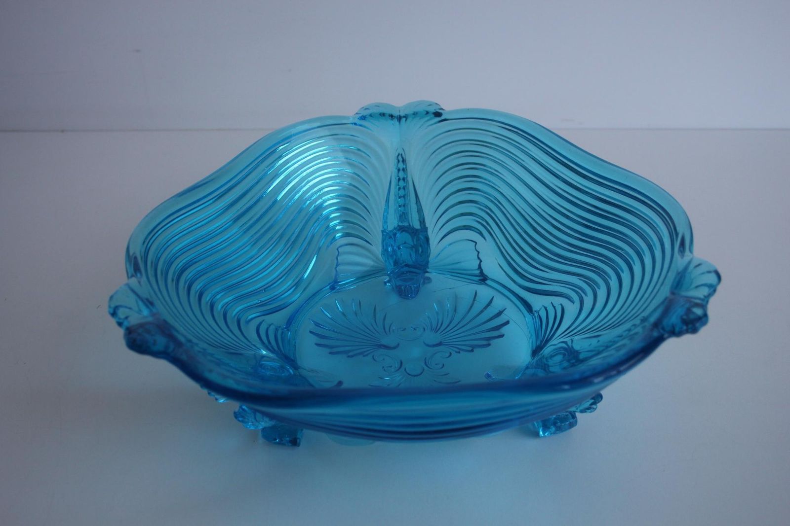 Rare Art Deco Glass Josef Inwald With Fish Feet Bowl Gorgeous Rich Blue, 1930s photo for sale