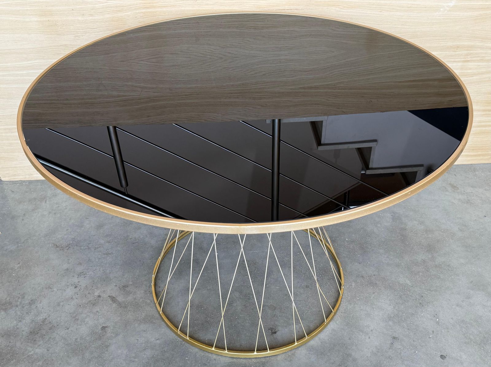 Mid Century Modern Gilded Allure Style Round Dining Table With Black Glass photo 2994.0