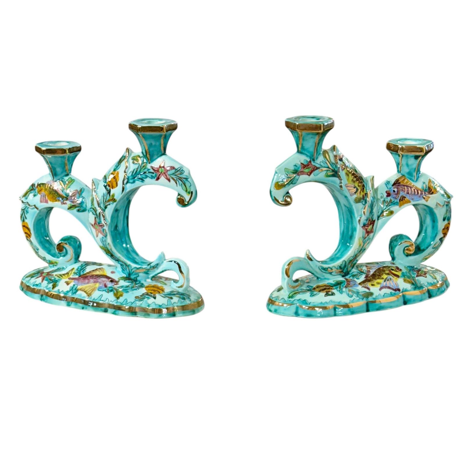 Rare Signed Monaco Majolica Double Candlesticks With Marine Décor