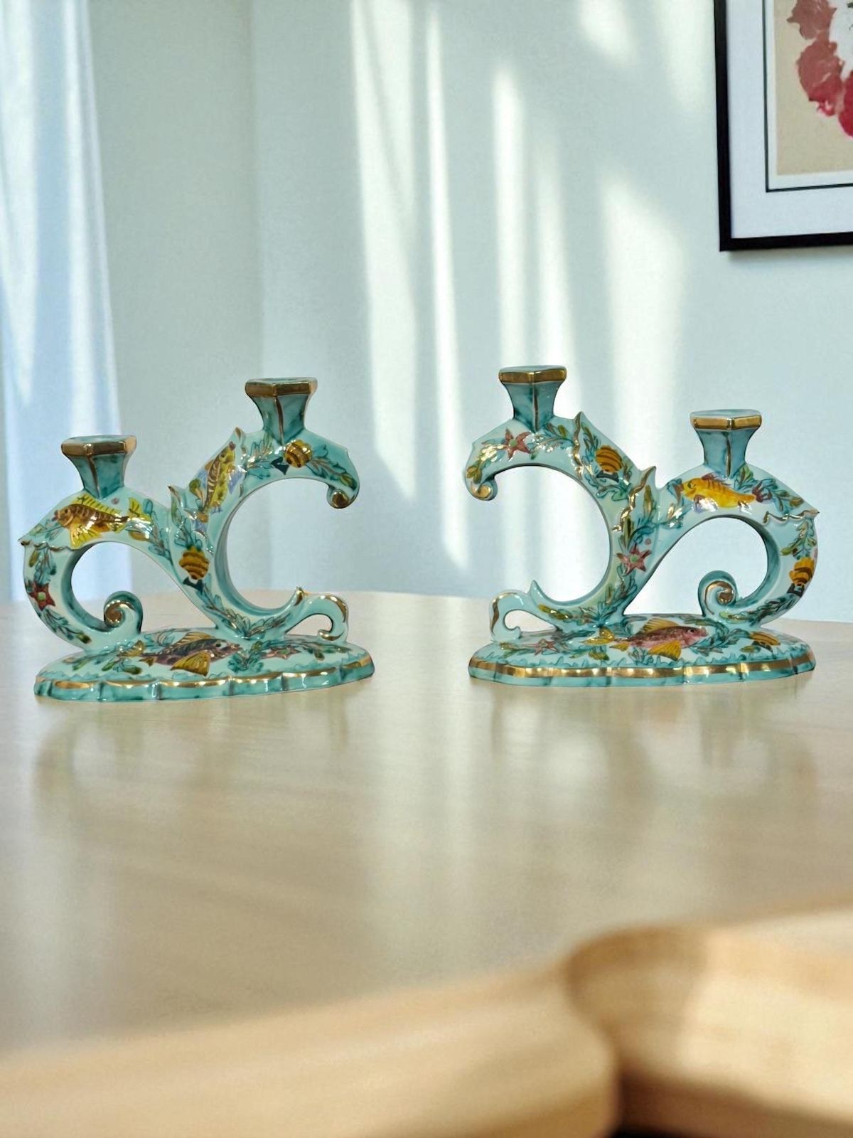 Rare Signed Monaco Majolica Double Candlesticks With Marine Décor photo furniture