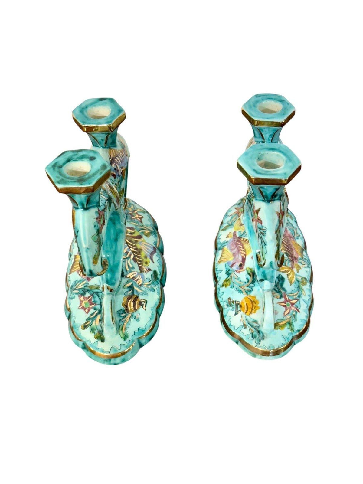photo furniture Rare Signed Monaco Majolica Double Candlesticks With Marine Décor