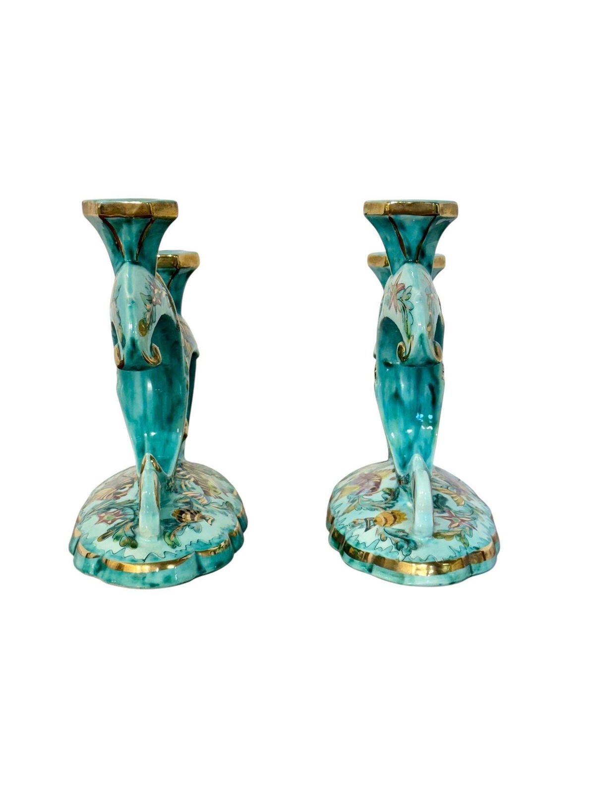 2263.0 Rare Signed Monaco Majolica Double Candlesticks With Marine Décor photo
