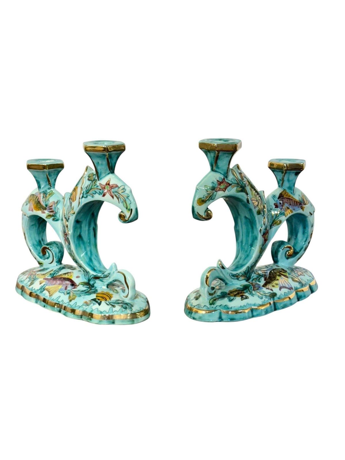 photo vinterior Rare Signed Monaco Majolica Double Candlesticks With Marine Décor