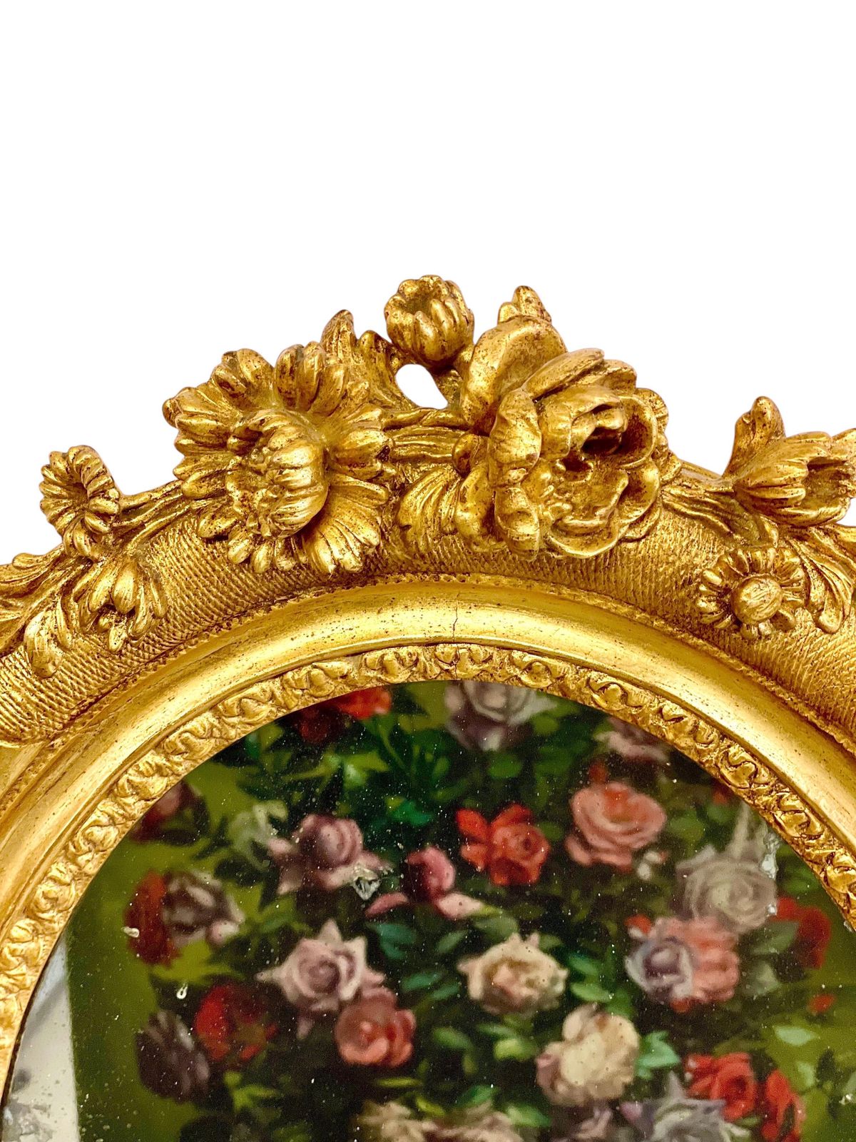 Antique Louis XVI Giltwood Oval Mirror With Floral Carving photo furniture