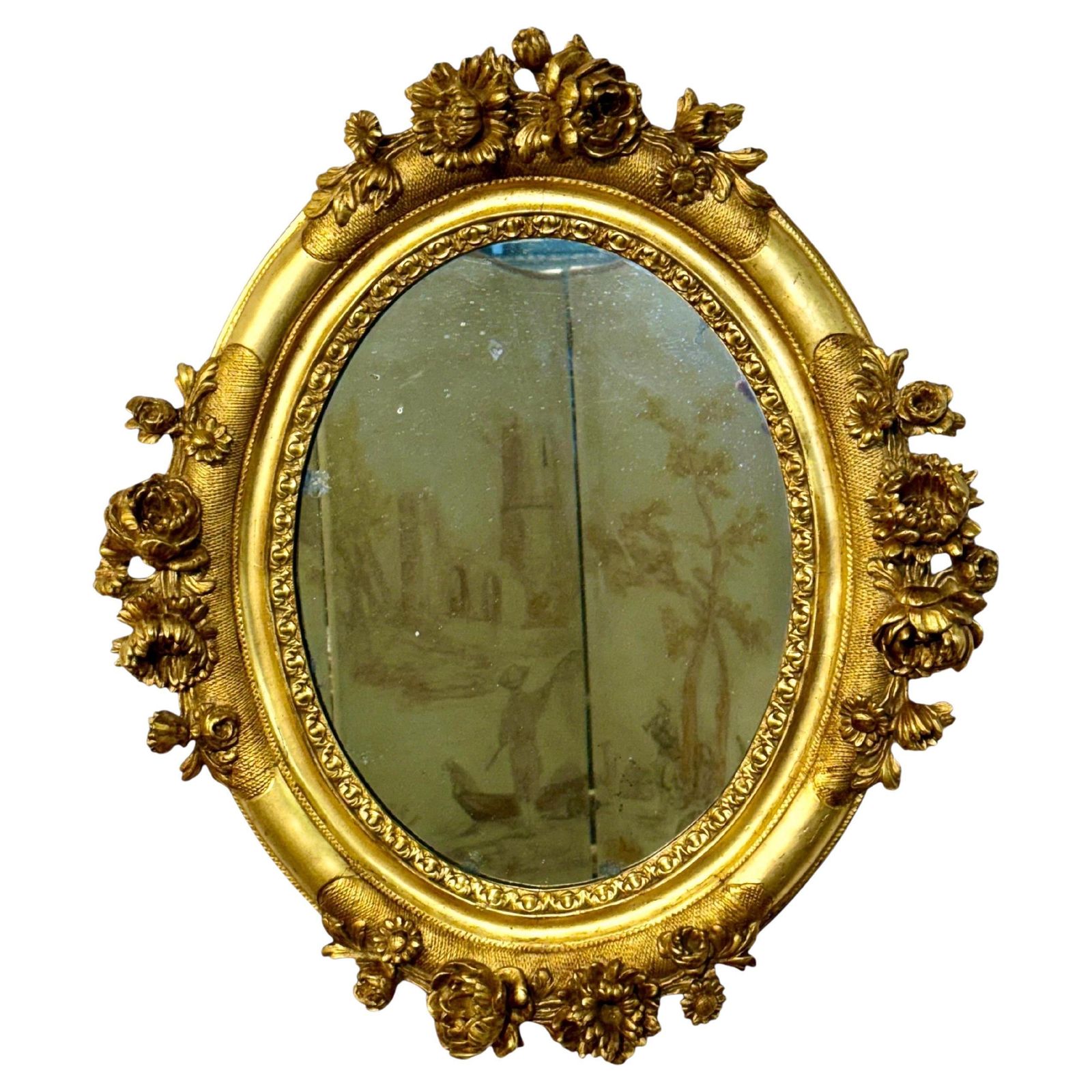 Antique Louis XVI Giltwood Oval Mirror With Floral Carving photo for sale