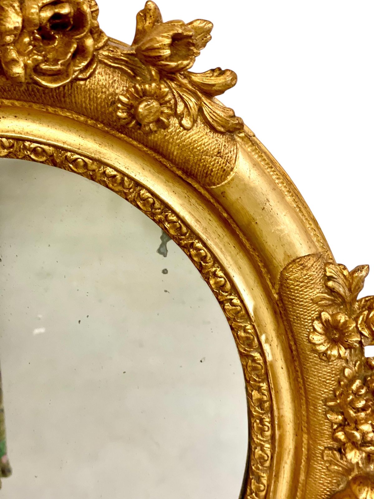 Antique Louis XVI Giltwood Oval Mirror With Floral Carving photo Home Decor