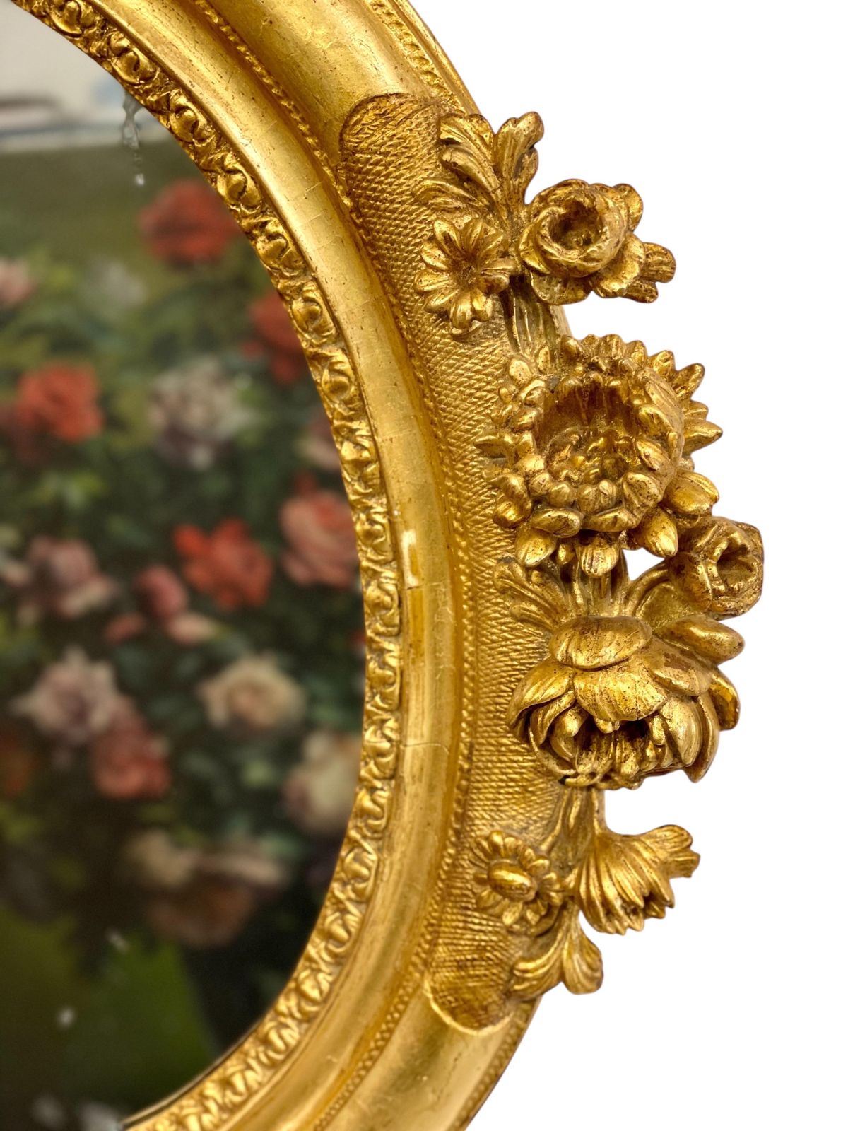 Antique Louis XVI Giltwood Oval Mirror With Floral Carving photo buy
