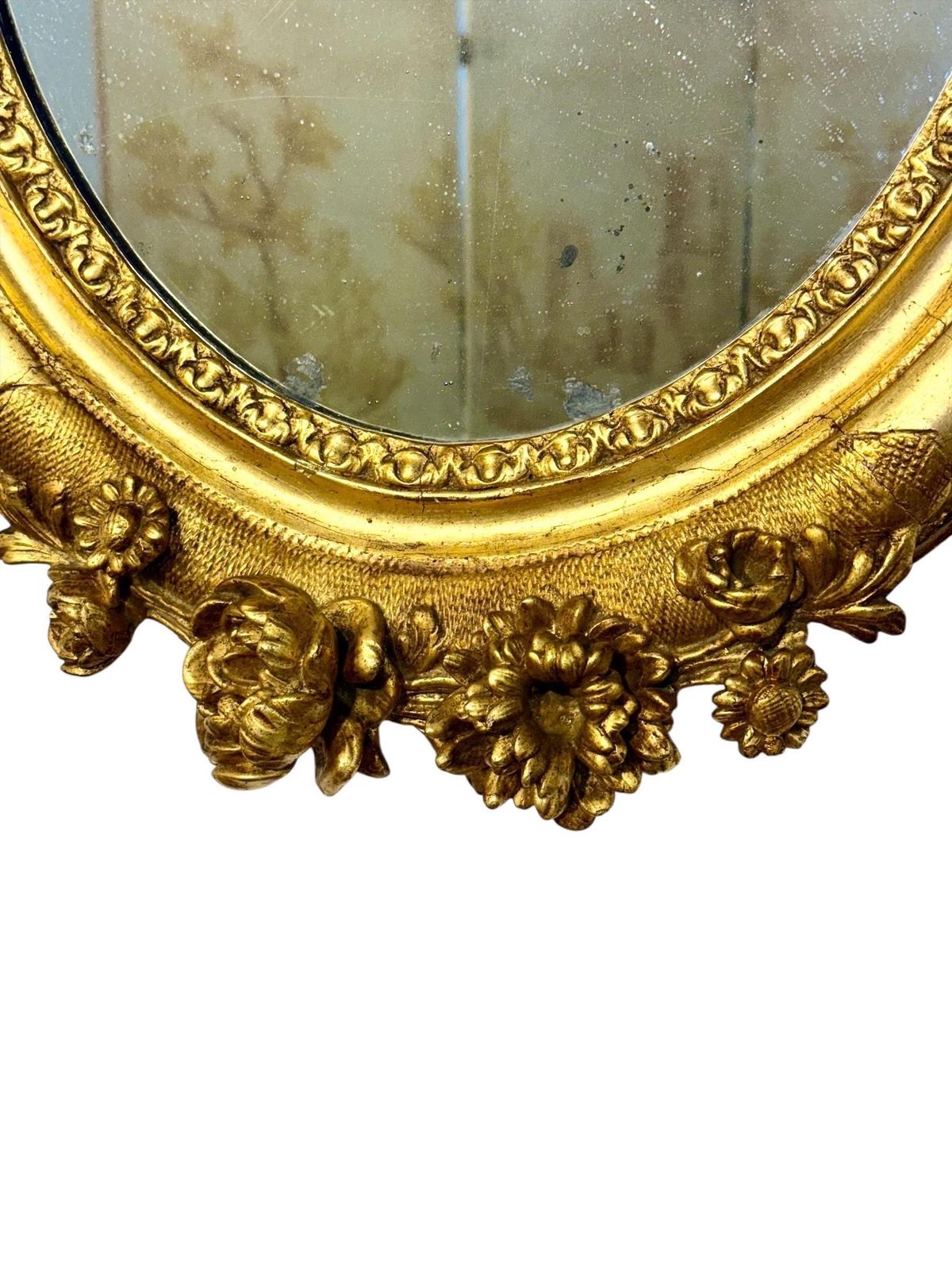 Home Decor Antique Louis XVI Giltwood Oval Mirror With Floral Carving photo