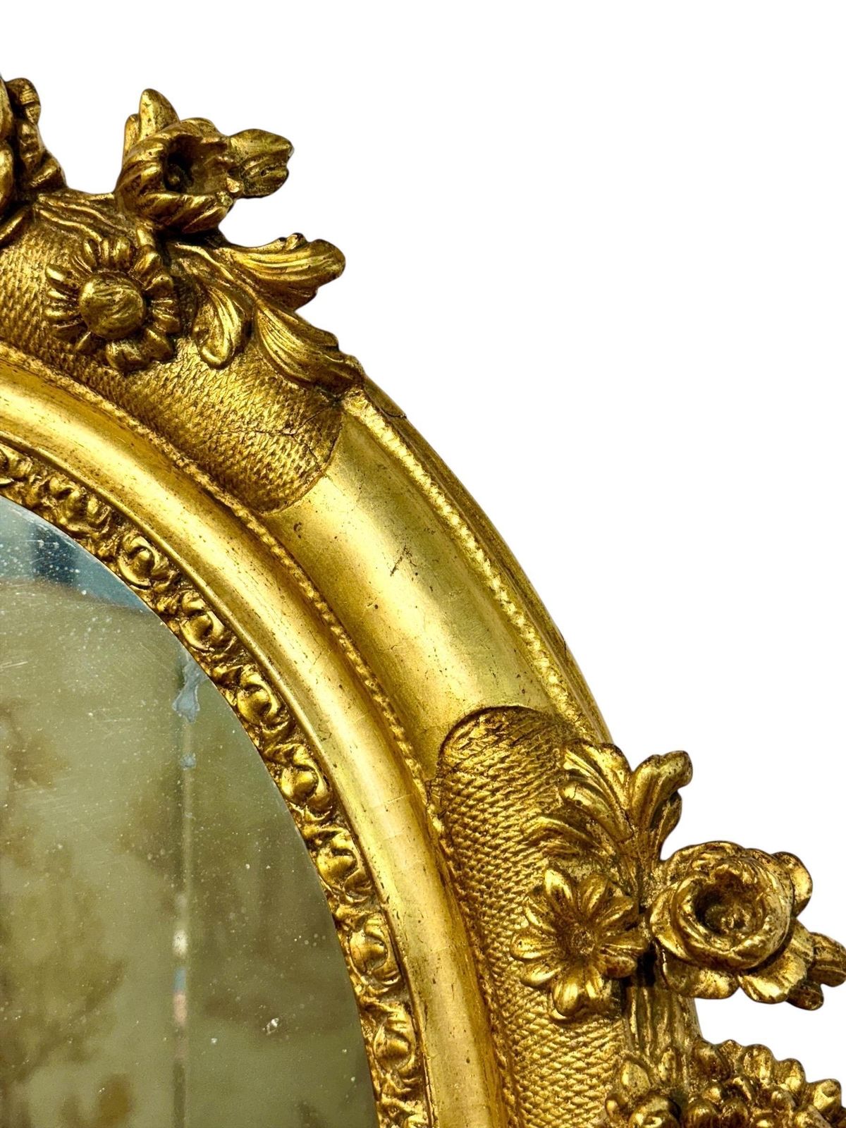 photo buy Antique Louis XVI Giltwood Oval Mirror With Floral Carving