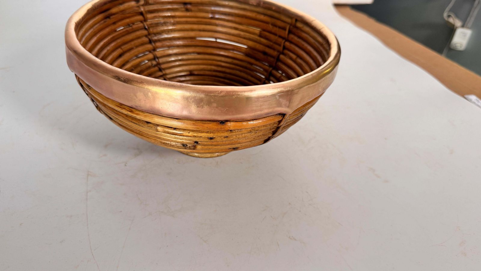 photo for sale 1970s French Wicker And Brass Fruit Basket – French Riviera Style