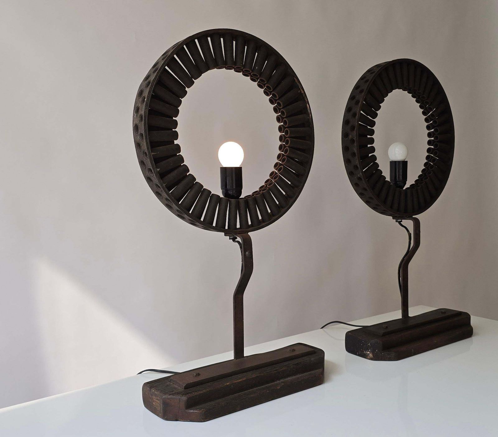 Brutalist Industrial Table Lamp Made From Reclaimed Machinery Parts And Wood photo for sale