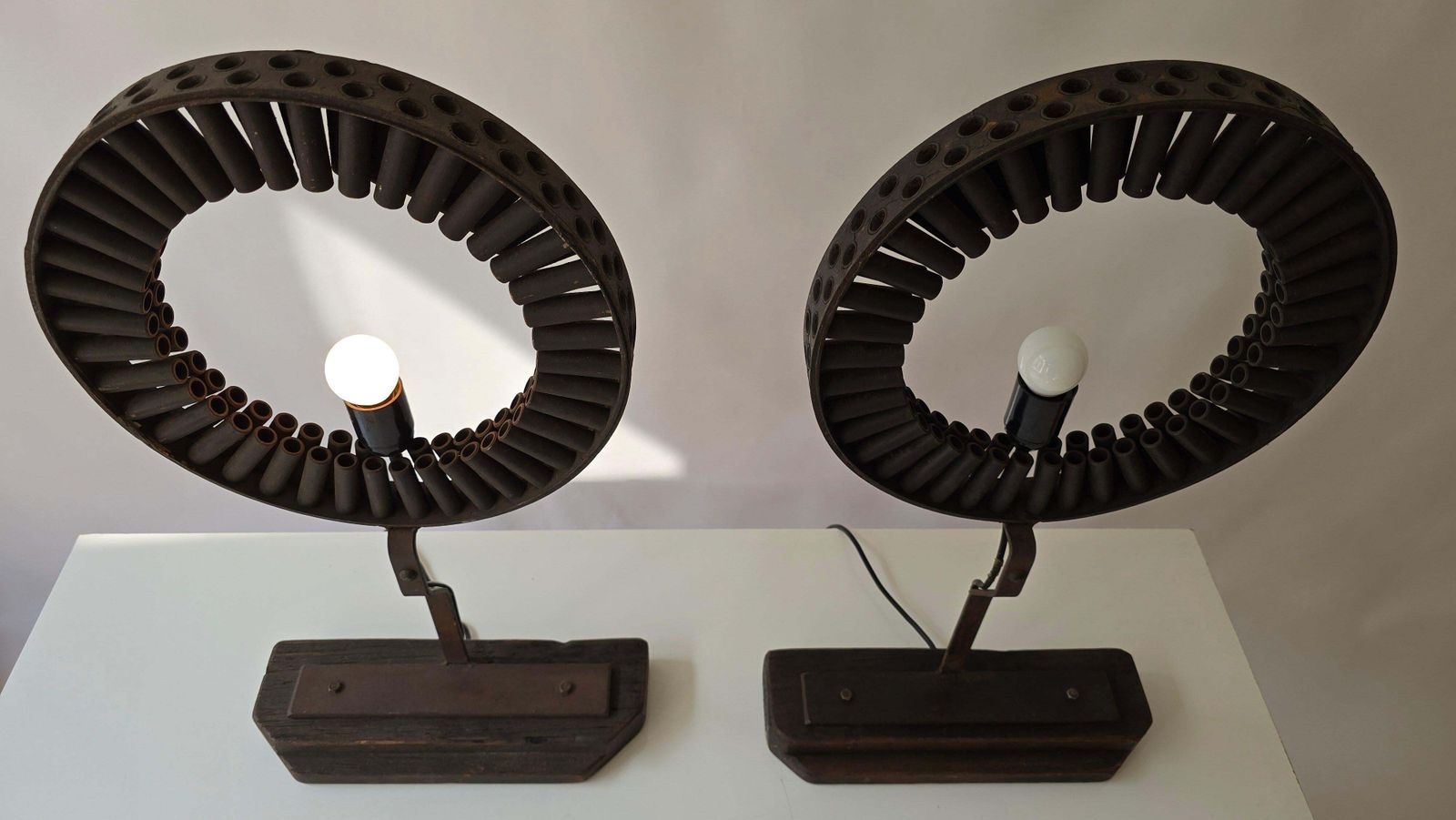 Brutalist Industrial Table Lamp Made From Reclaimed Machinery Parts And Wood photo Lighting