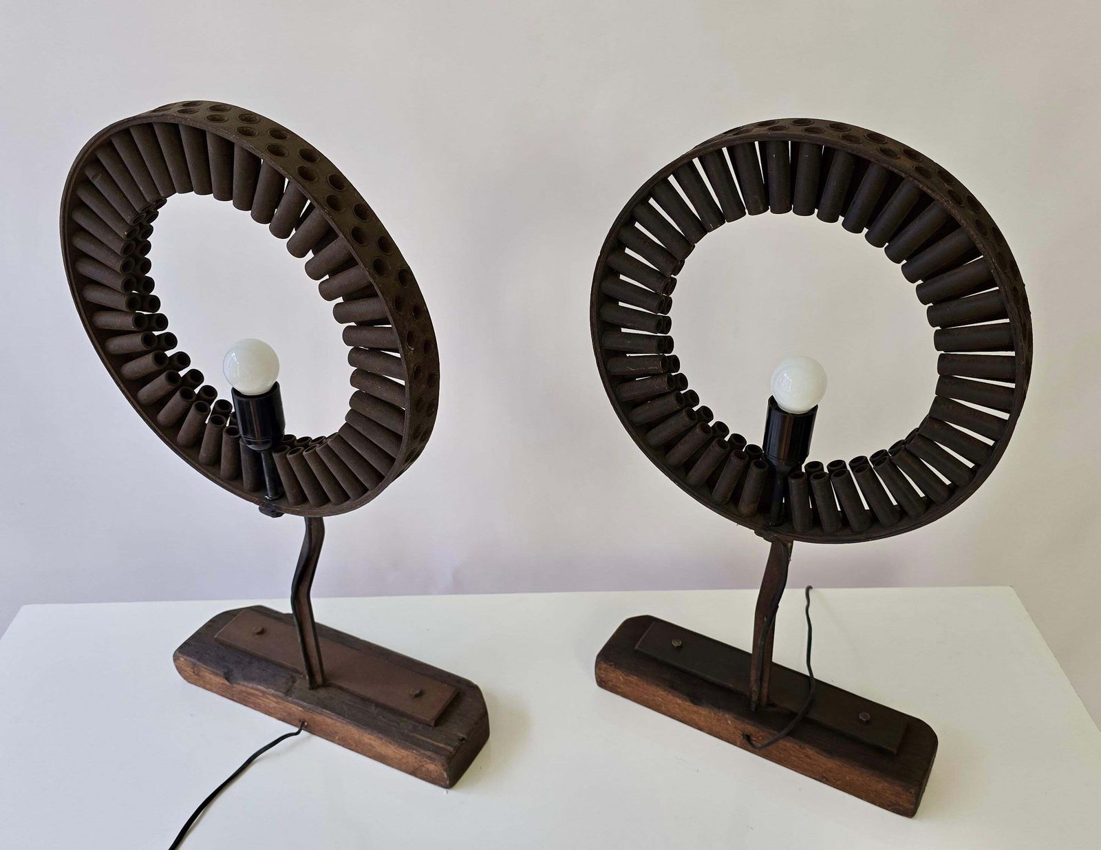 Brutalist Industrial Table Lamp Made From Reclaimed Machinery Parts And Wood photo vinterior