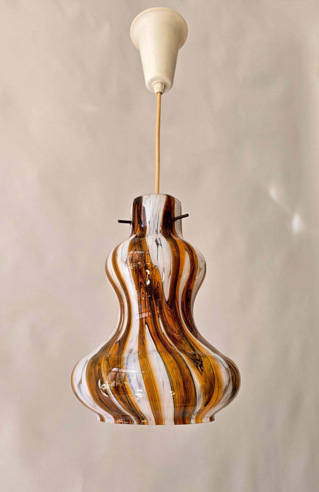 Vintage Murano Glass Pendant Light With Amber And White Swirl, Italy, 1960s photo 1164.0