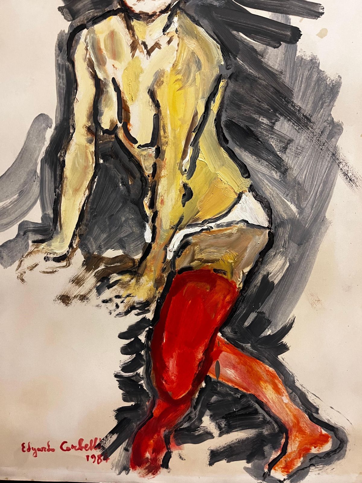 Edgardo Corbelli"Donna Con Calze Rosse"  Olio Su Cartone Cm. 50 X 70  19841984 photo Art