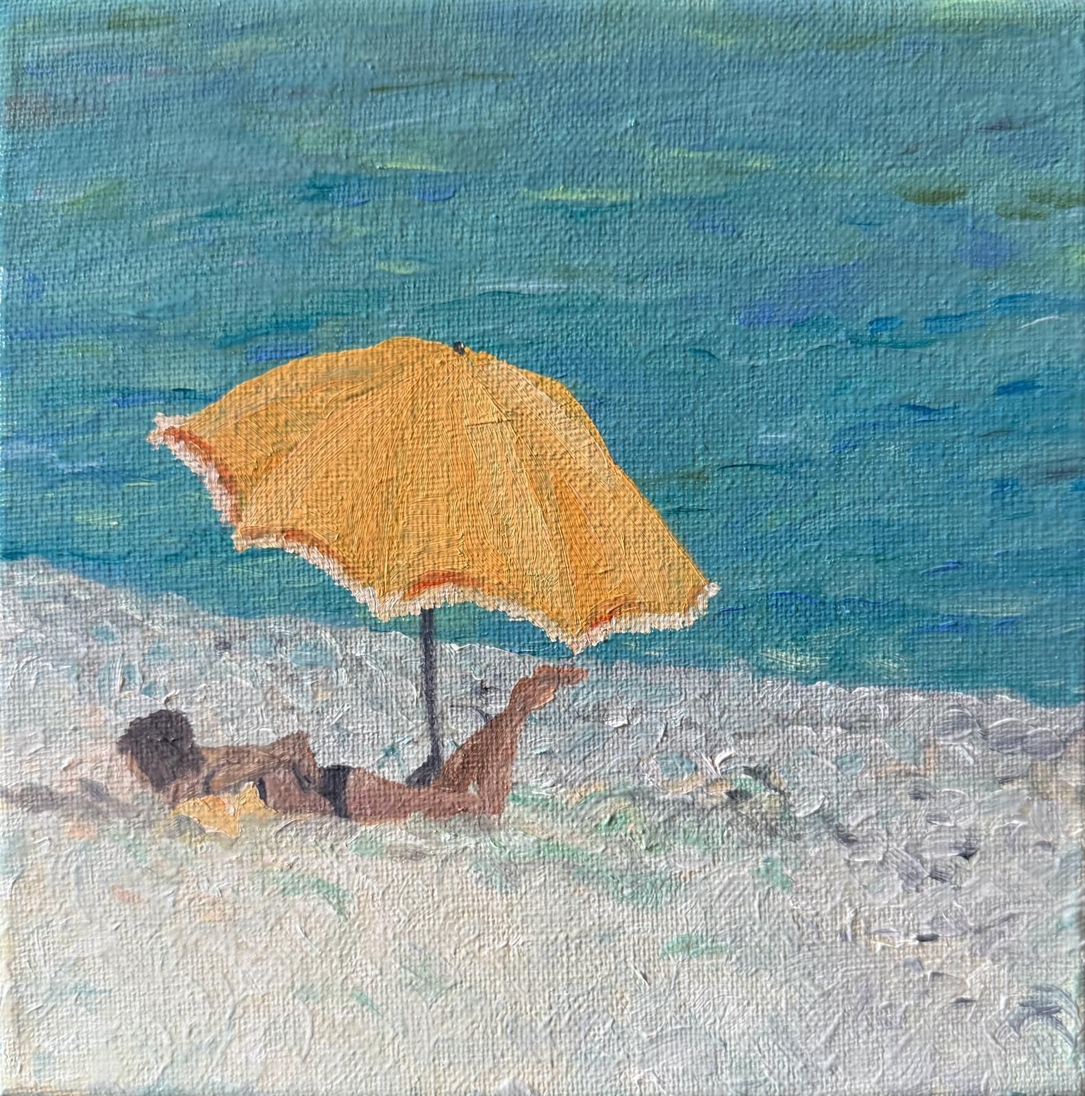Bernadette Van Baarsen Turquoise And Yellow Provençal Beach Scene. Oil On Canvas. The Yellow Parasol.2025