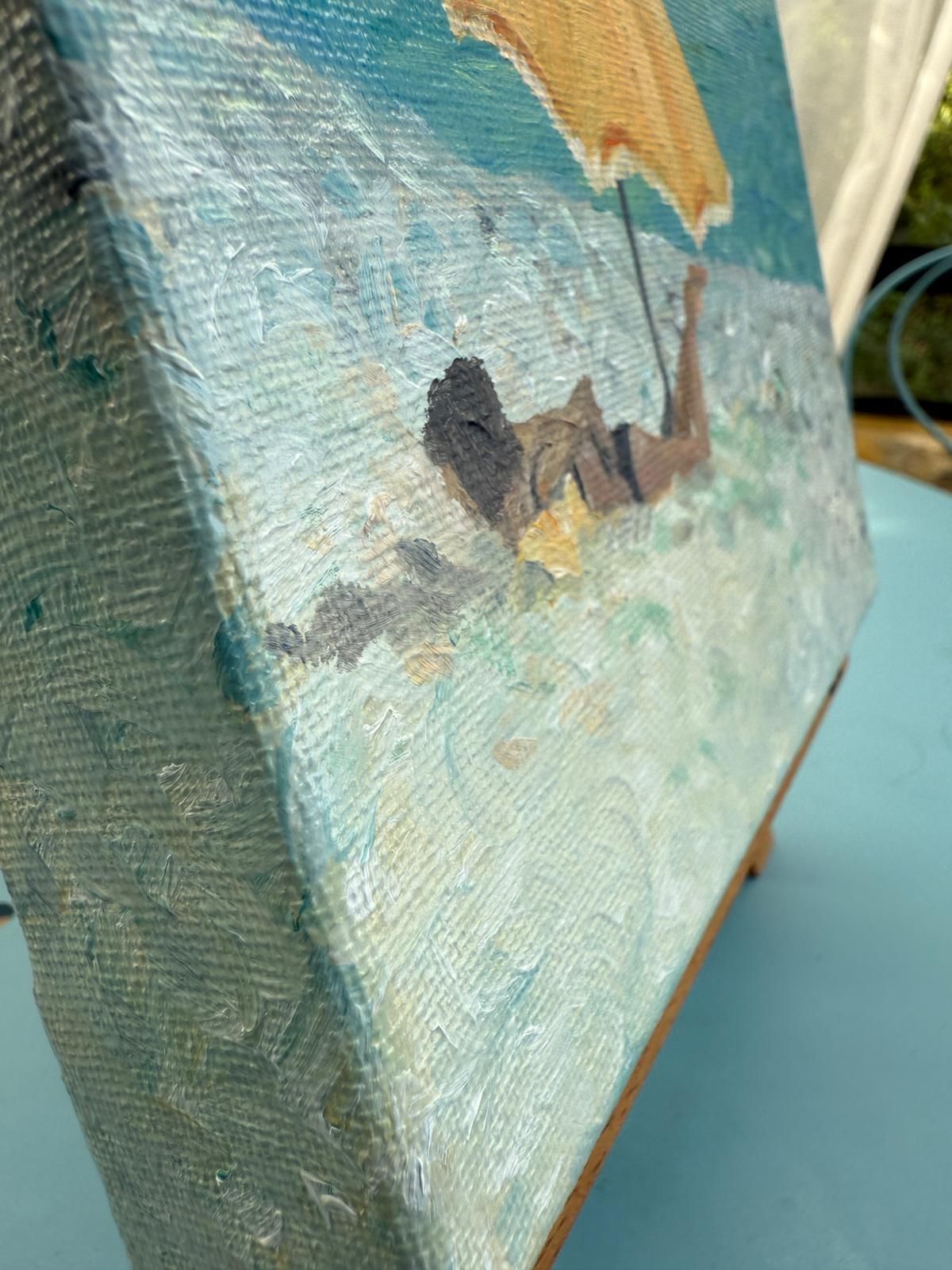 photo furniture Bernadette Van Baarsen Turquoise And Yellow Provençal Beach Scene. Oil On Canvas. The Yellow Parasol.2025