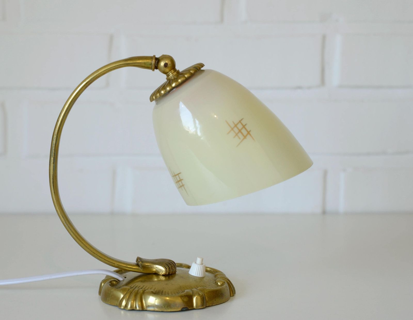 Antique Bedside Lamp / Art Deco Desk Lamp / Brass Table Light / Hand Blown Glass / Handmade Light Fixture 1940's