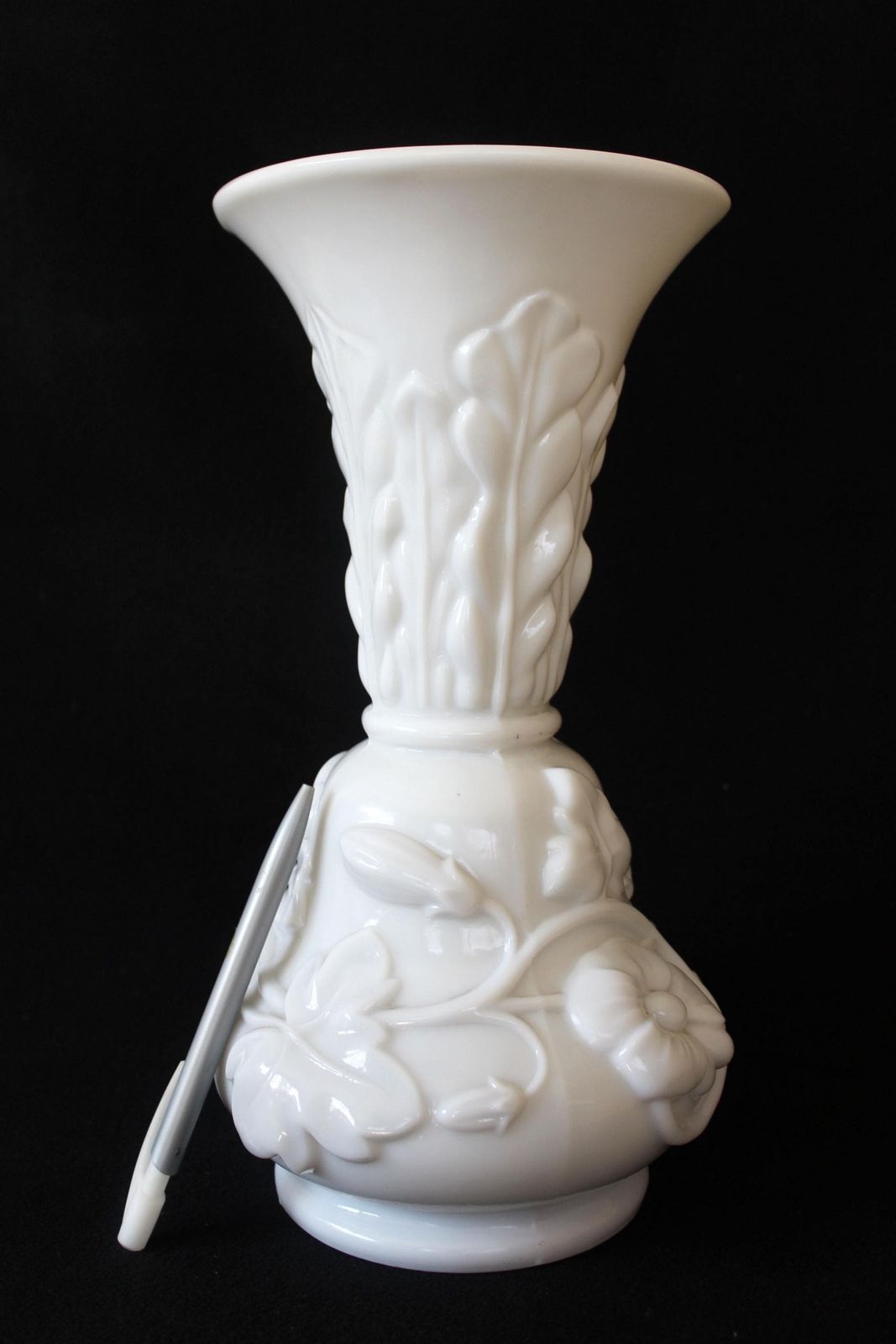 Tall Antique White Opaline Vase, French, Style Saint Louis Vase, Art Glass, Pressed Glass, Vine Leaves Flowers, Late 19th Century photo Home Decor