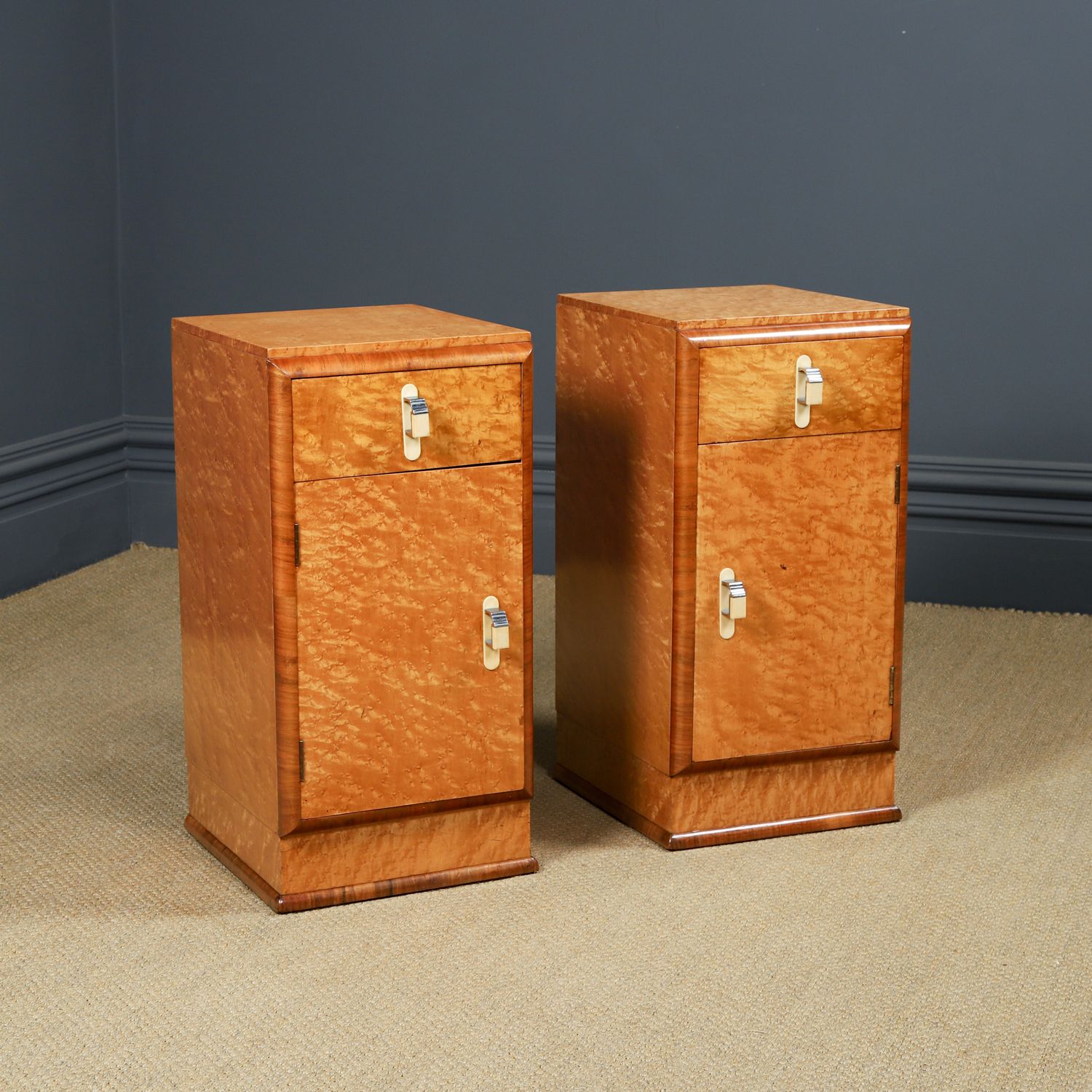 English Pair Of Art Deco Birds Eye Maple & Walnut Bedsides Cupboards Chests Cabinets Tables Nightstands (Circa 1930) photo furniture