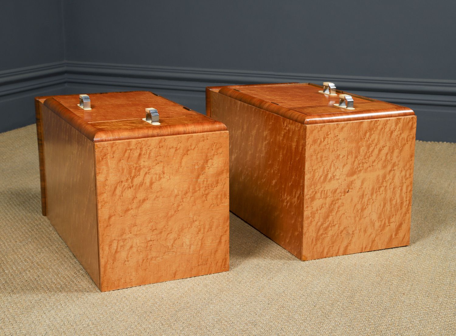 English Pair Of Art Deco Birds Eye Maple & Walnut Bedsides Cupboards Chests Cabinets Tables Nightstands (Circa 1930) photo vinterior