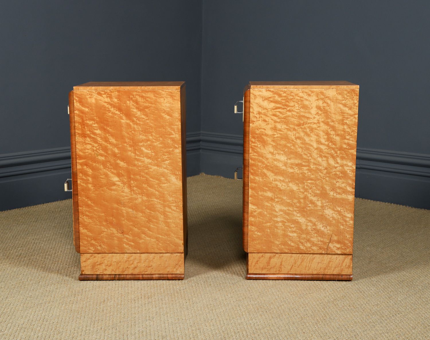 Furniture English Pair Of Art Deco Birds Eye Maple & Walnut Bedsides Cupboards Chests Cabinets Tables Nightstands (Circa 1930) photo