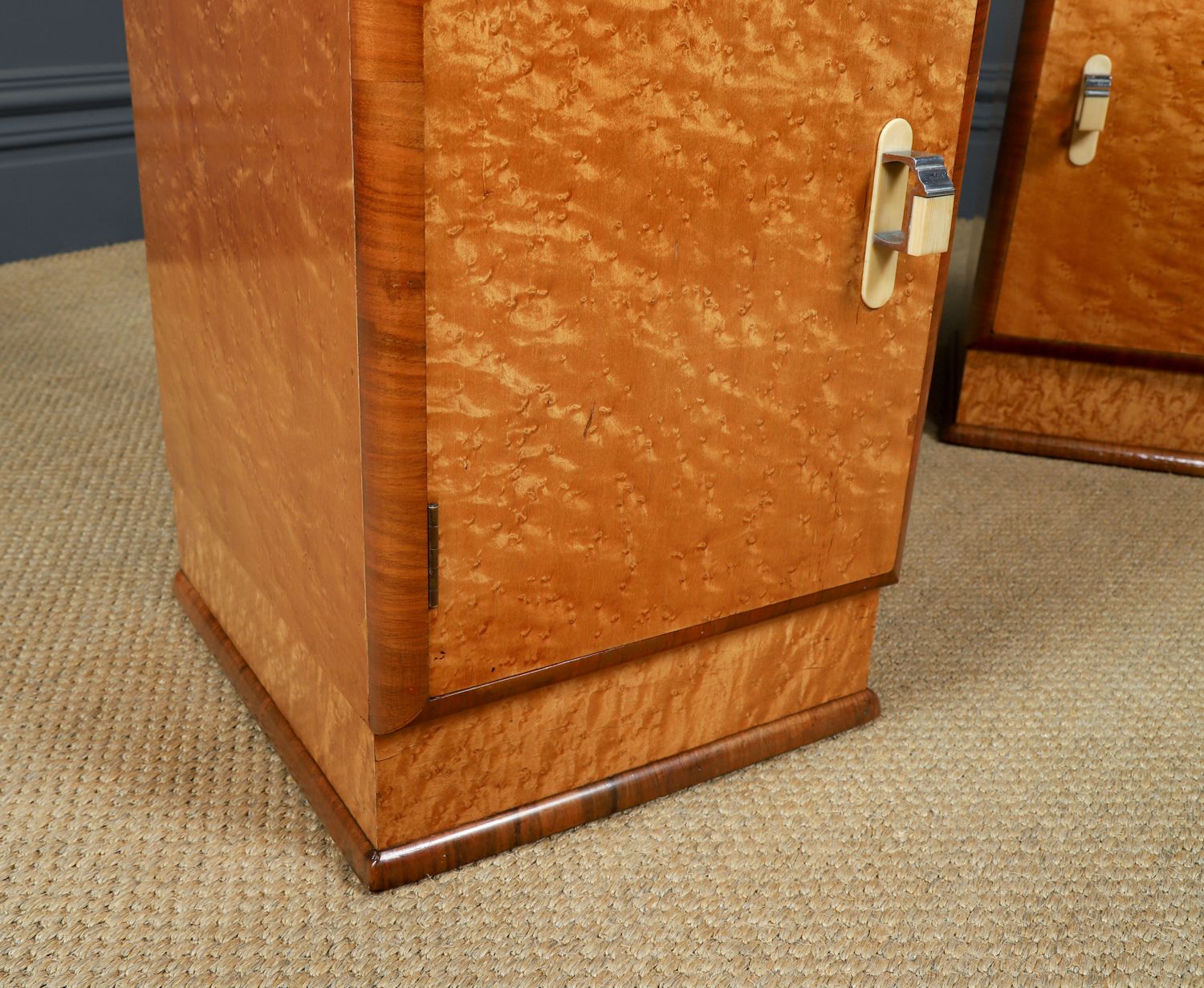 2295.0 English Pair Of Art Deco Birds Eye Maple & Walnut Bedsides Cupboards Chests Cabinets Tables Nightstands (Circa 1930) photo