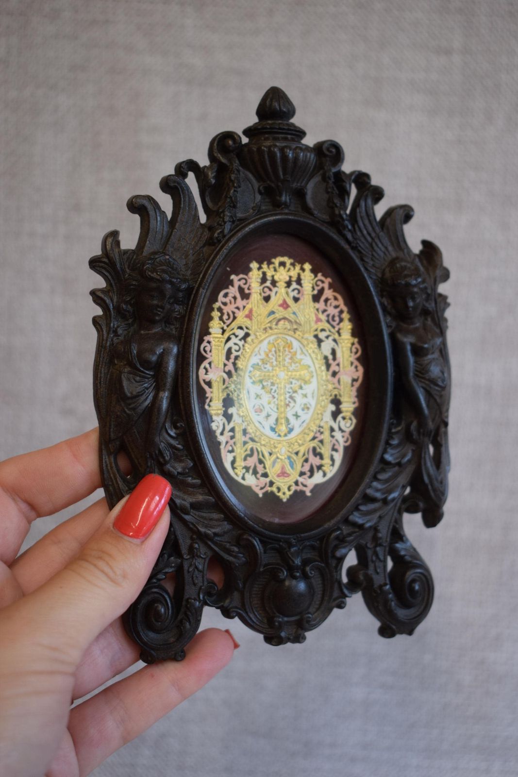 Victorian French Antique Black Photo Frame With Lace Canivet Holy Card Vulcanite Wall Frame photo furniture