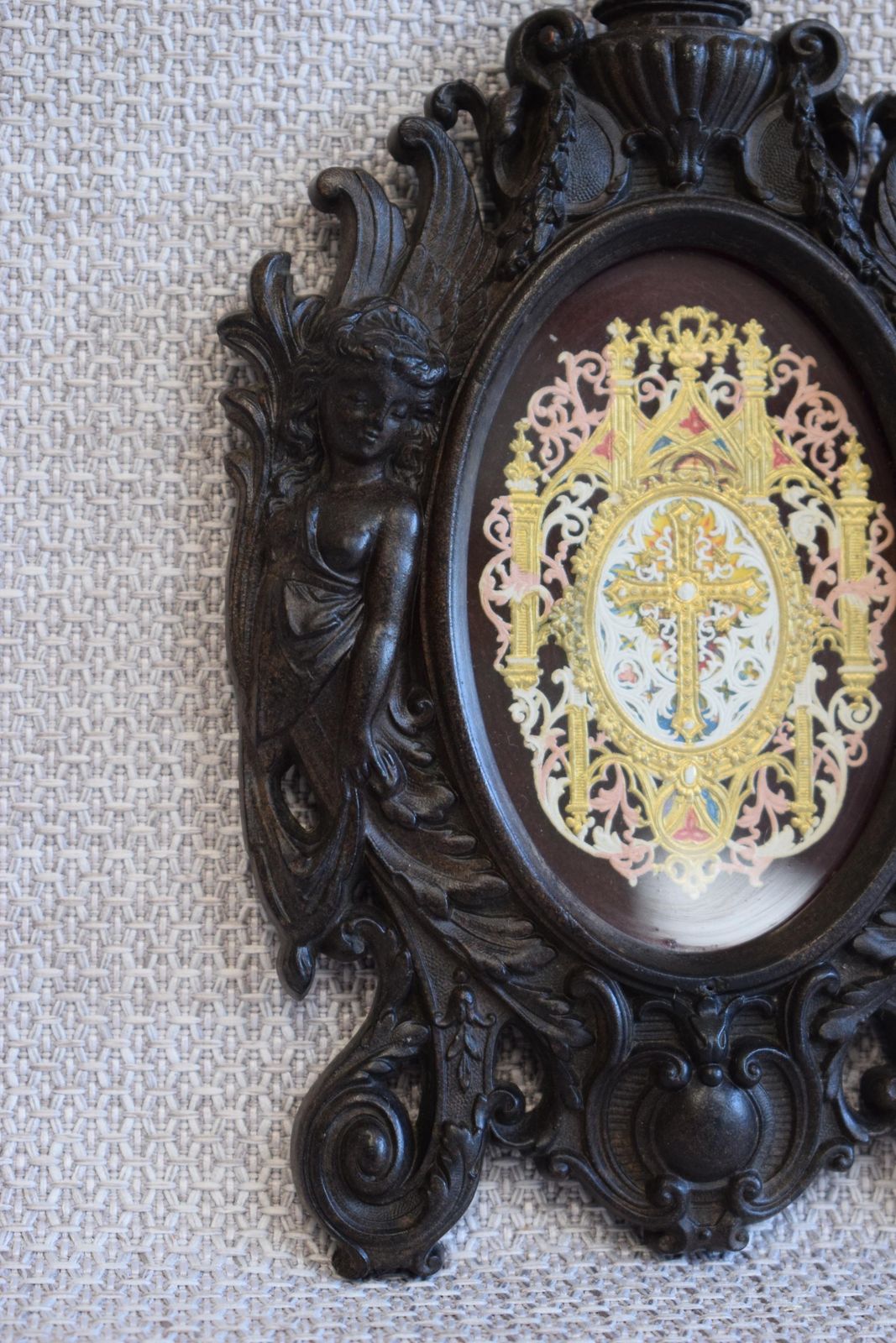 Victorian French Antique Black Photo Frame With Lace Canivet Holy Card Vulcanite Wall Frame photo Home Decor