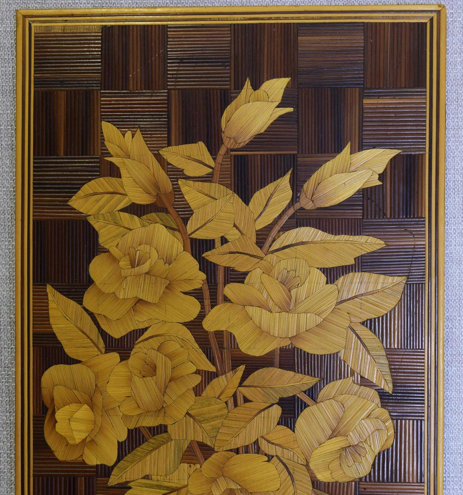 Art Deco Straw Marquetry Wall Panel, Still Life Bunch Of Flowers Wall Art, Straw Inlaid Work photo for sale