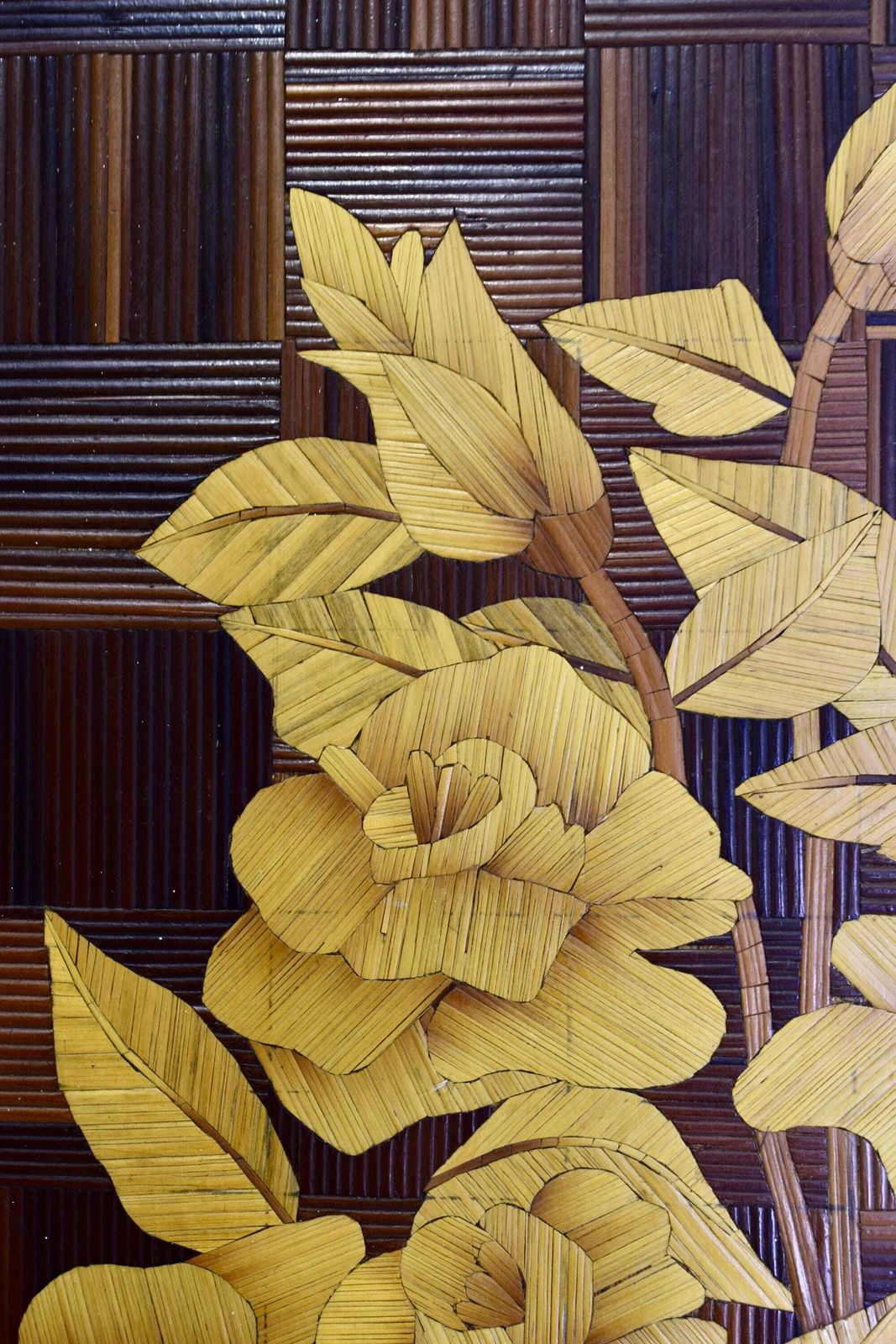 Art Deco Straw Marquetry Wall Panel, Still Life Bunch Of Flowers Wall Art, Straw Inlaid Work photo vintage