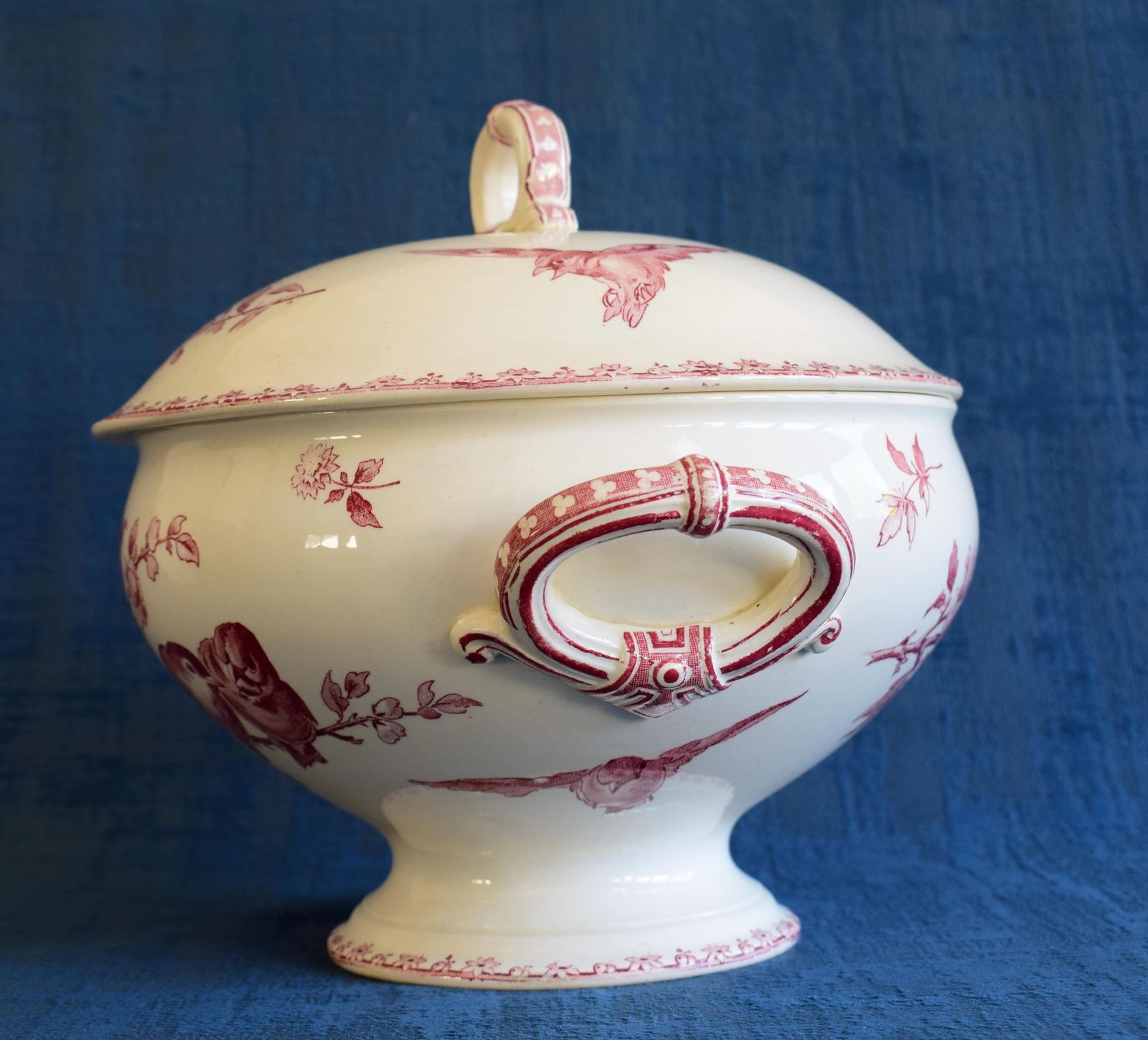 Sarreguemines Red Favori Soup Tureen, Antique French Birds Ironstone photo for sale