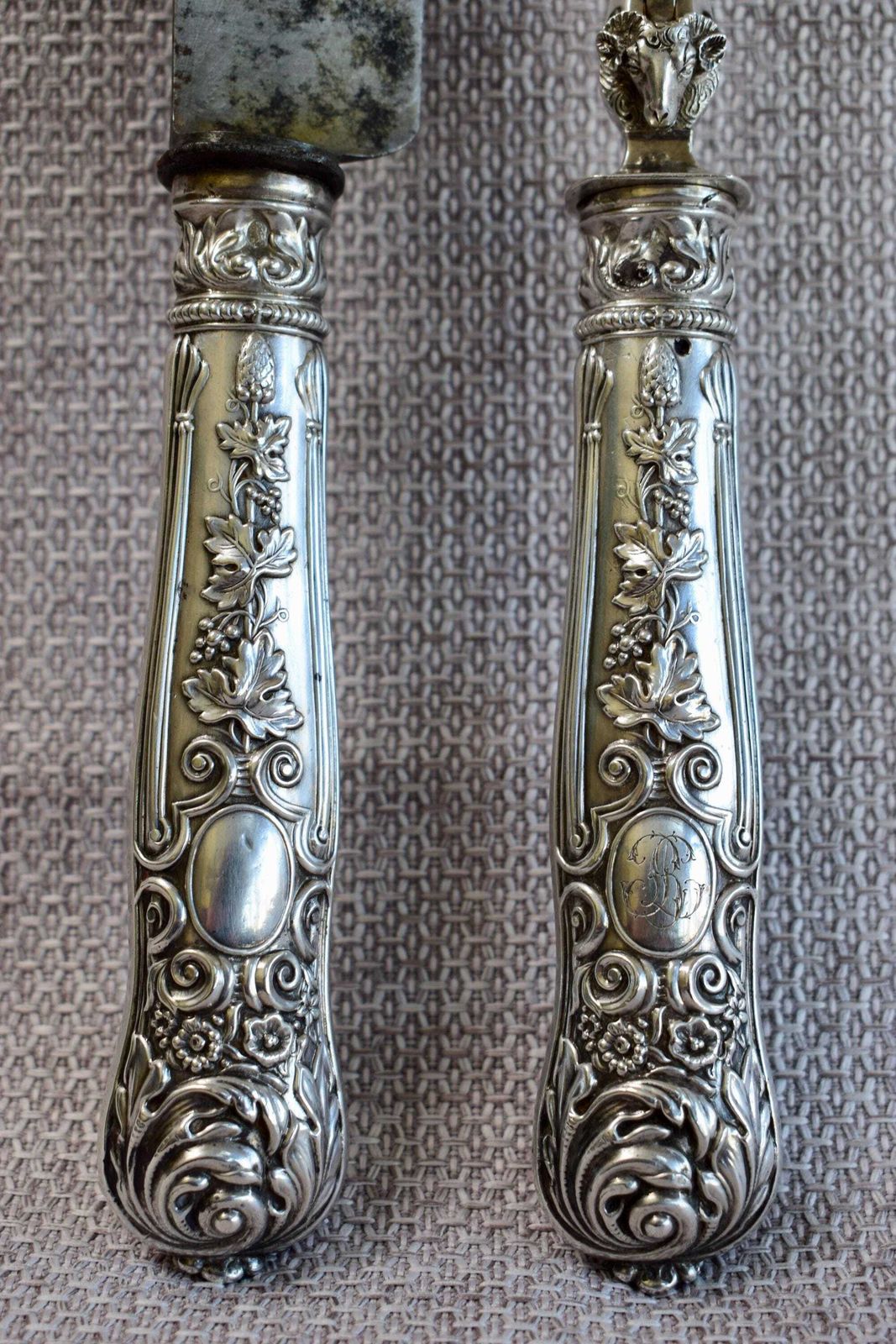 Rare 2pc Silver Carving Set By Gillot, Roast Knife And Fork, 1830's Billy Goat Silverware, French Antique Turkey Knife photo Home Decor
