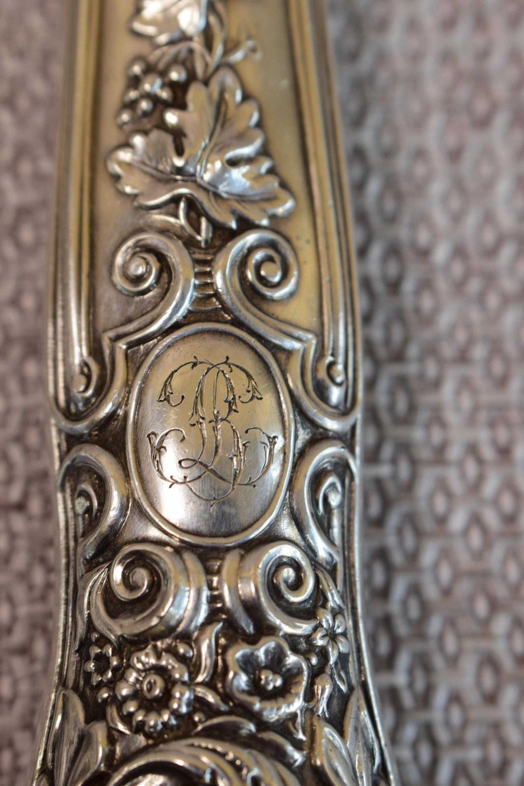 photo for sale Rare 2pc Silver Carving Set By Gillot, Roast Knife And Fork, 1830's Billy Goat Silverware, French Antique Turkey Knife