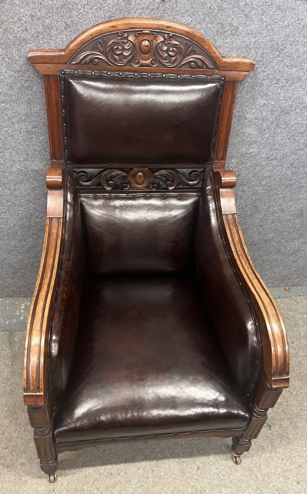 Pair Of Antique Walnut & Leather Armchairs photo for sale