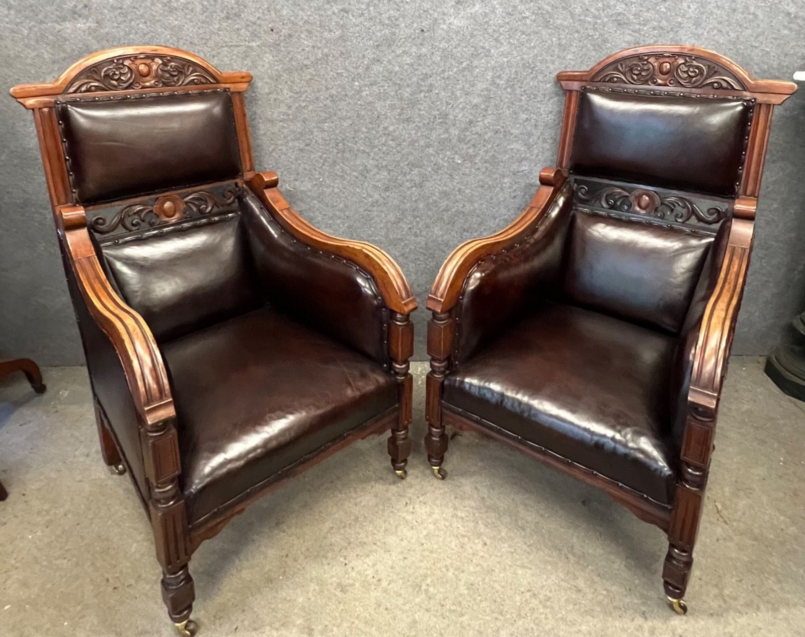 Pair Of Antique Walnut & Leather Armchairs photo 2475.0