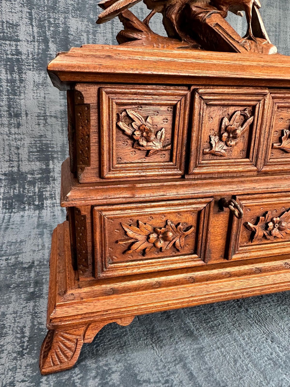 photo furniture Antique Black Forest Jewelry Casket, Carved Wood Birds Pheasant Box Cabinet, Gift For Her