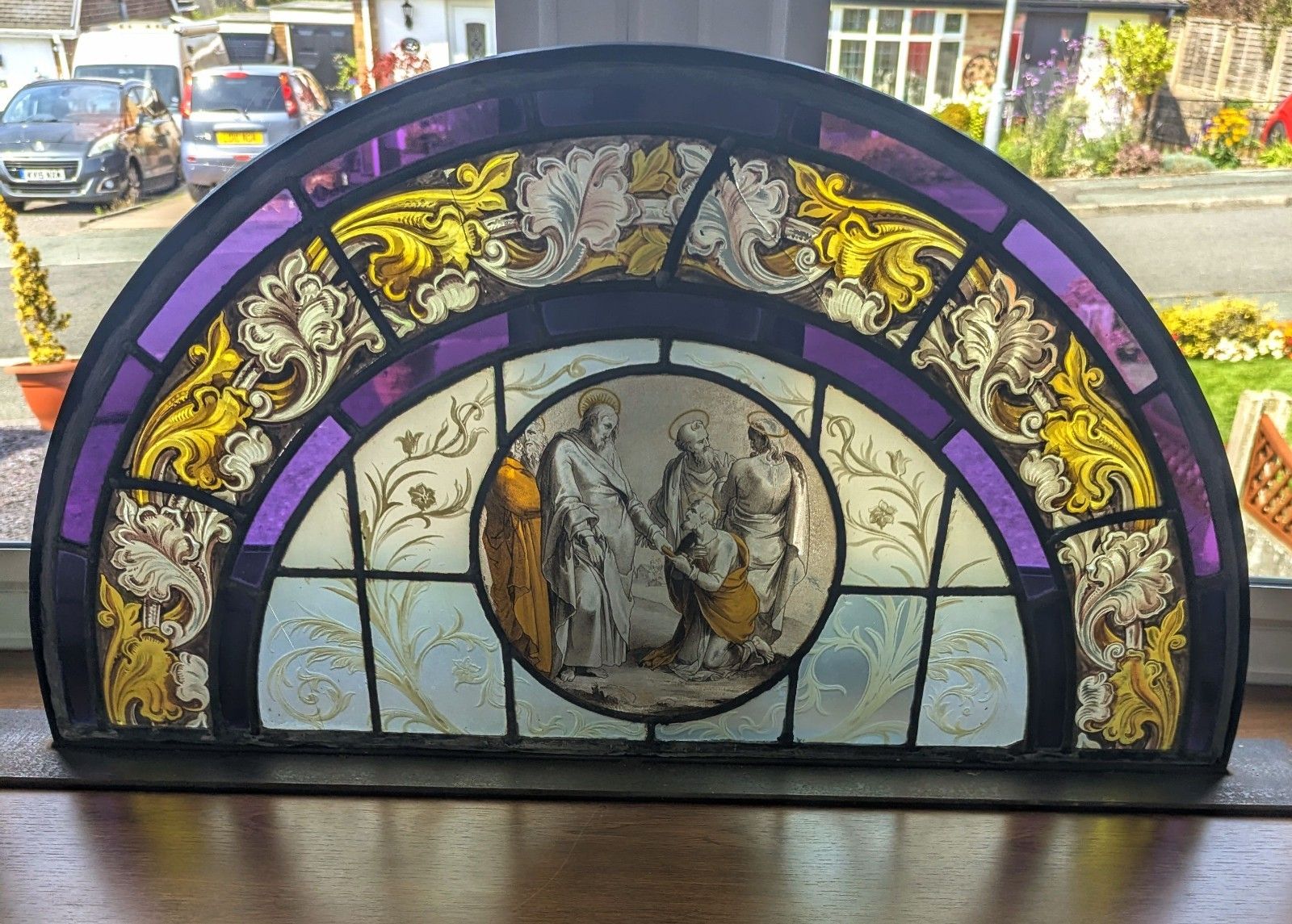 Beautiful 19th C Religious Hand Painted Stained Glass Steel Stand Delivery Available 0110.